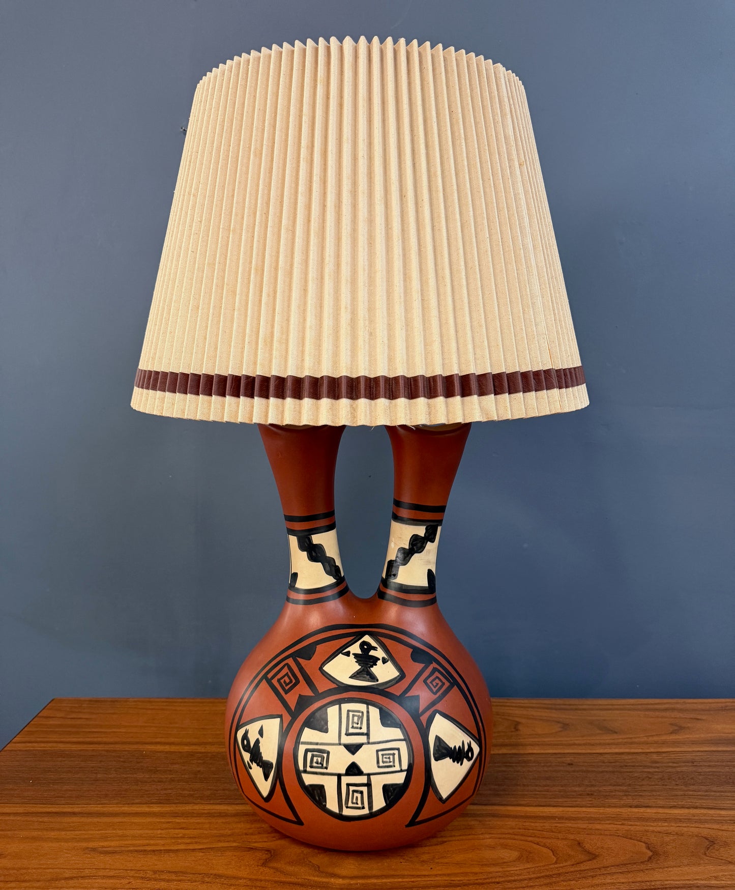 Southwestern Wedding Vase Pottery Table Lamp — Hand-Painted Terracotta