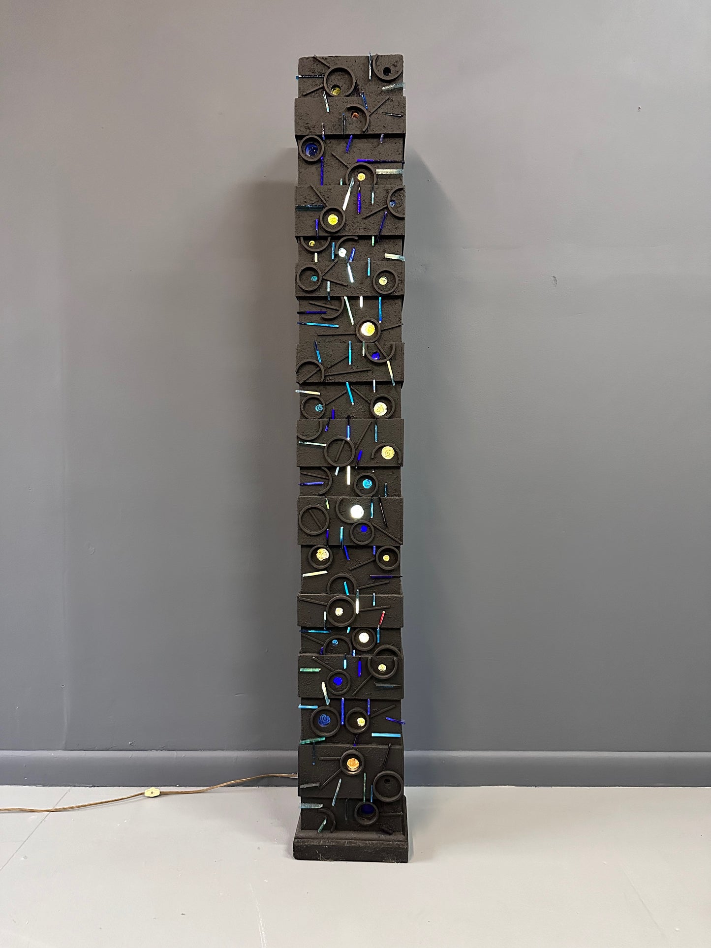 SOLD – Louise Nevelson Inspired Lighted Sculptural Floor Lamp with Glass Inserts