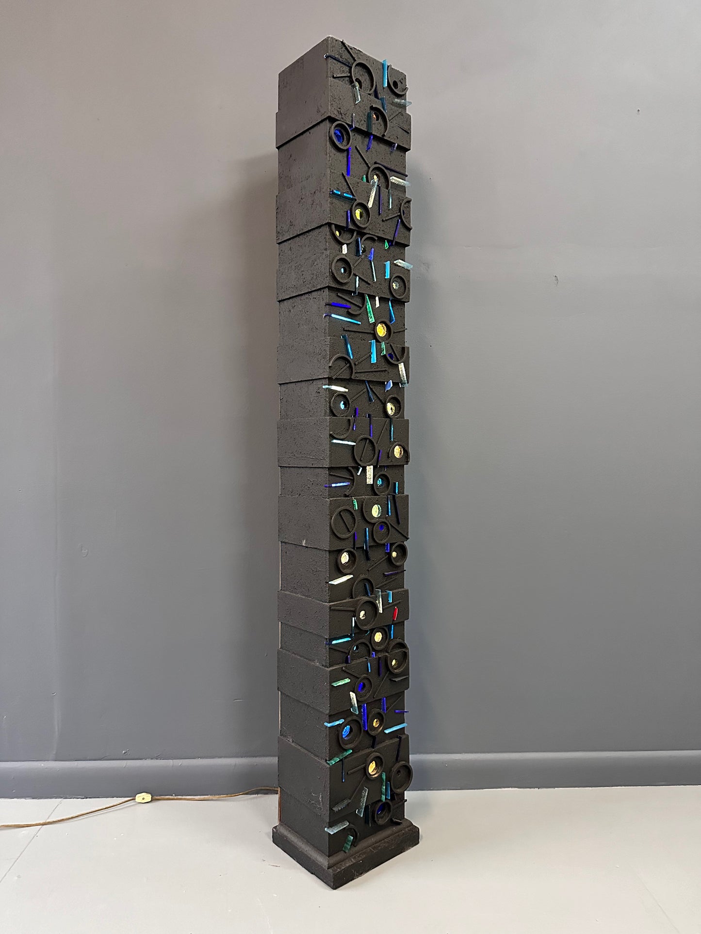 SOLD – Louise Nevelson Inspired Lighted Sculptural Floor Lamp with Glass Inserts