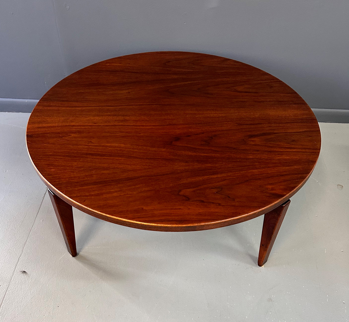 SOLD – Jens Risom Walnut Revolving Coffee Table on Splayed Walnut Legs Mid Century