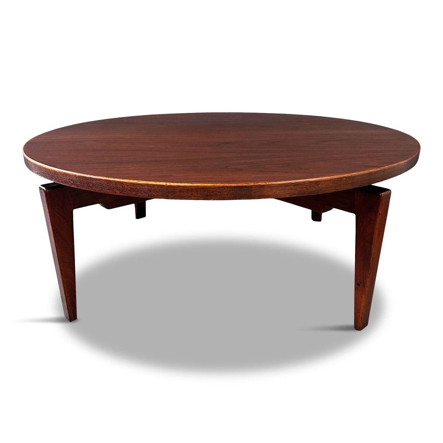 SOLD – Jens Risom Walnut Revolving Coffee Table on Splayed Walnut Legs Mid Century