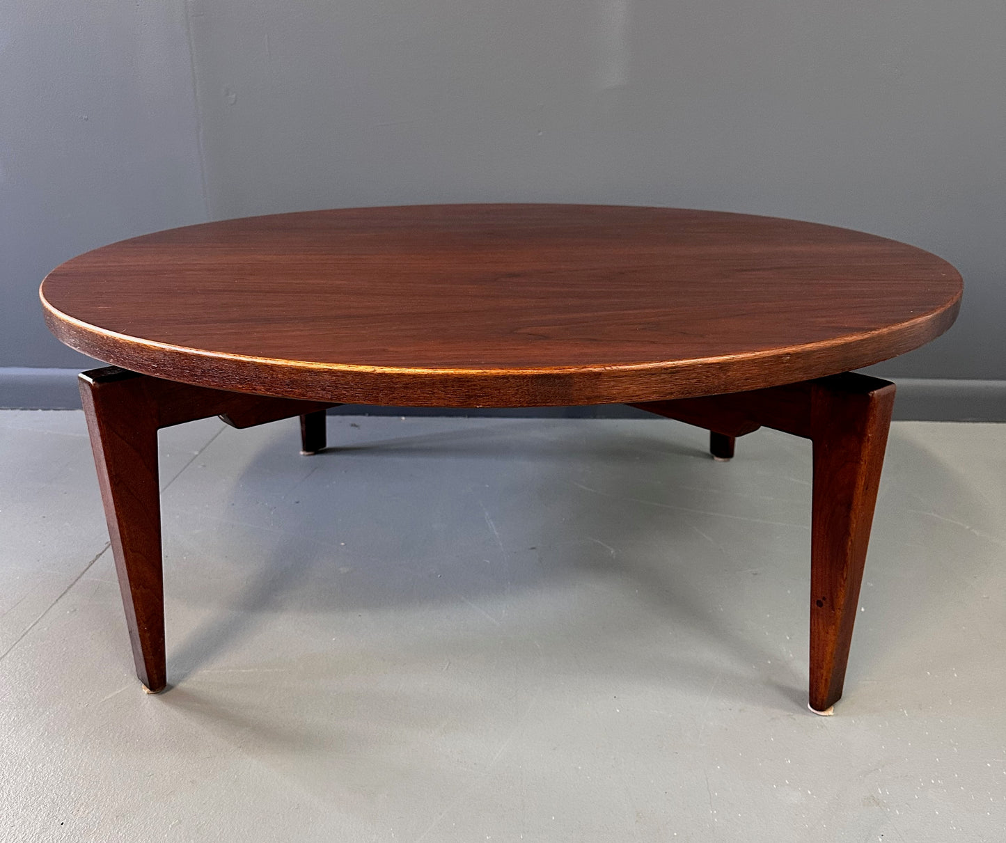 SOLD – Jens Risom Walnut Revolving Coffee Table on Splayed Walnut Legs Mid Century