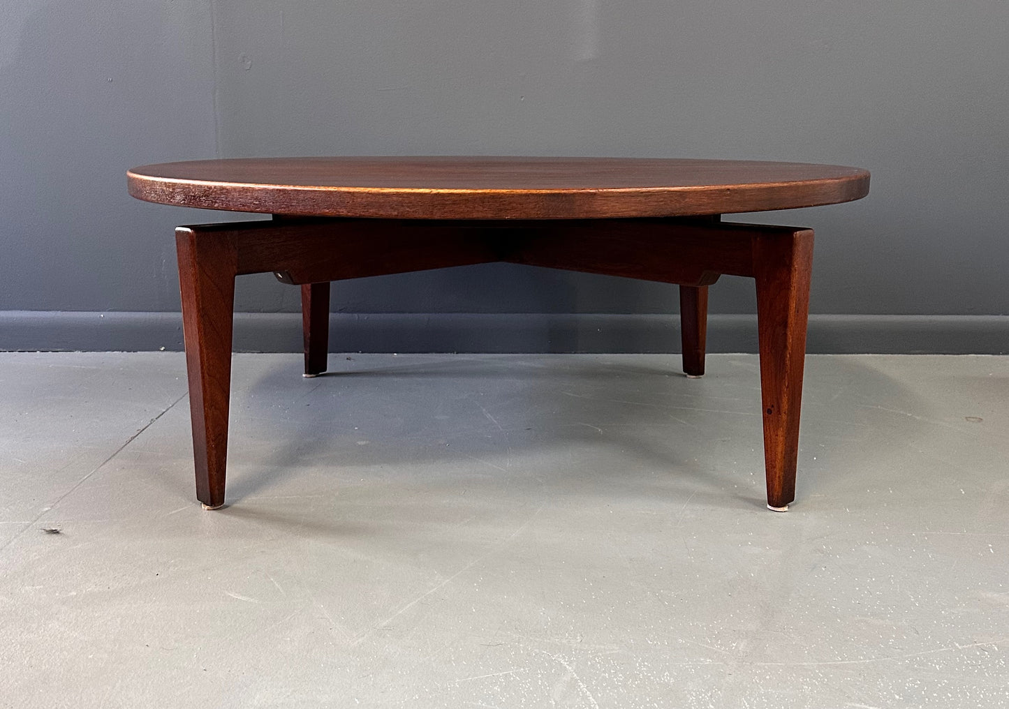 SOLD – Jens Risom Walnut Revolving Coffee Table on Splayed Walnut Legs Mid Century