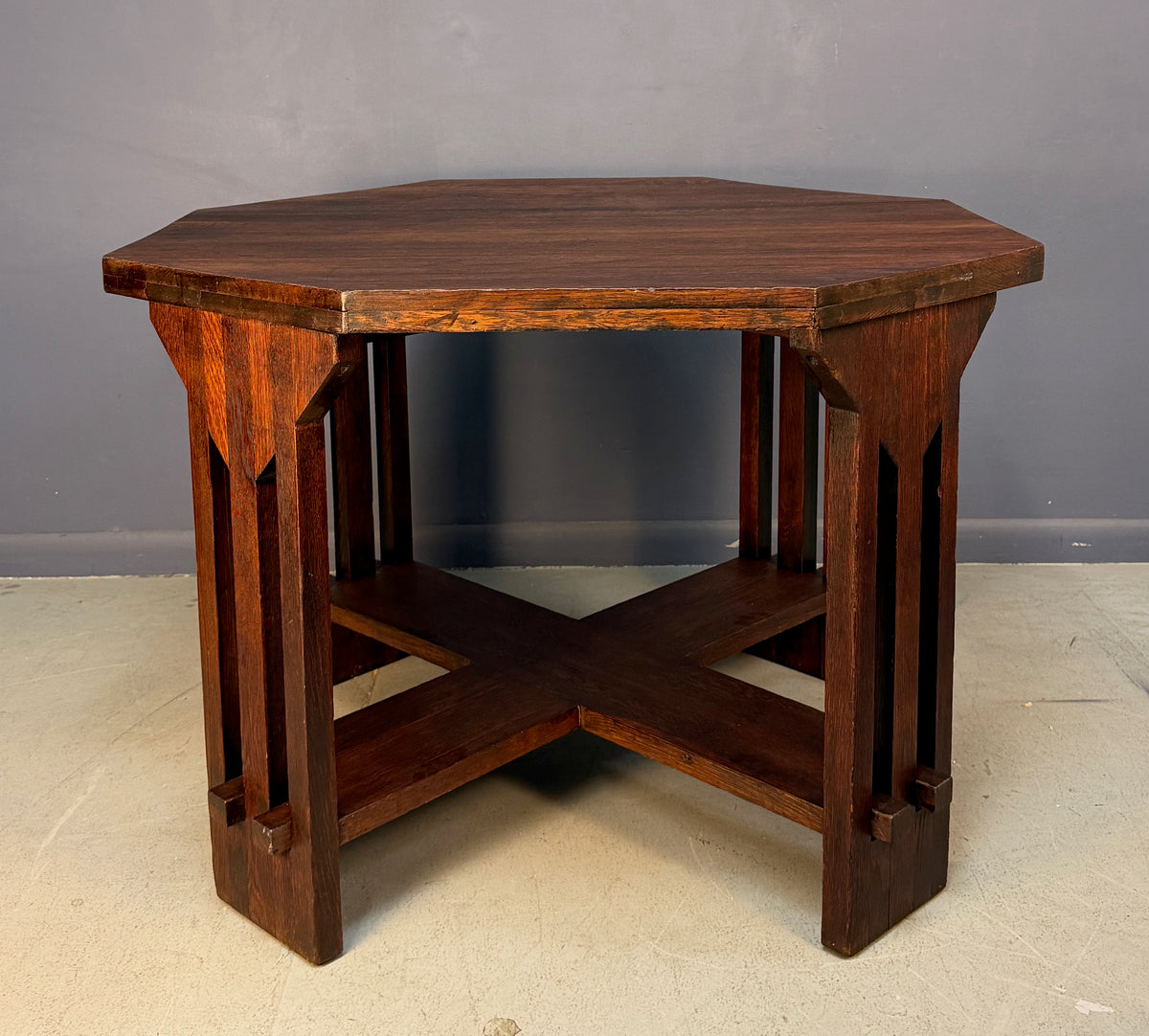 Brooks Mission Oak Octagonal Center Hall Table — Arts & Crafts Slat-Sided