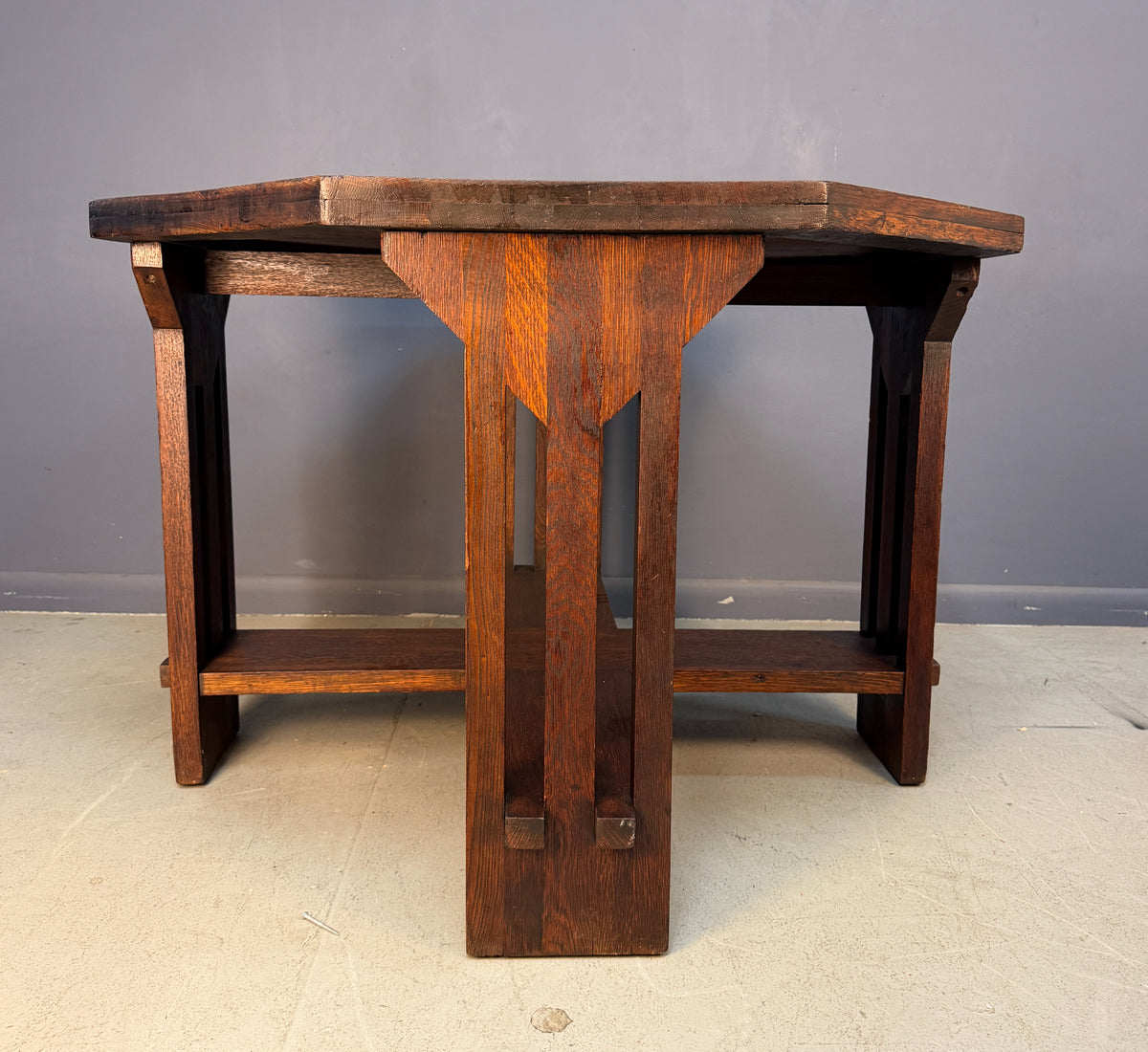 Brooks Mission Oak Octagonal Center Hall Table — Arts & Crafts Slat-Sided