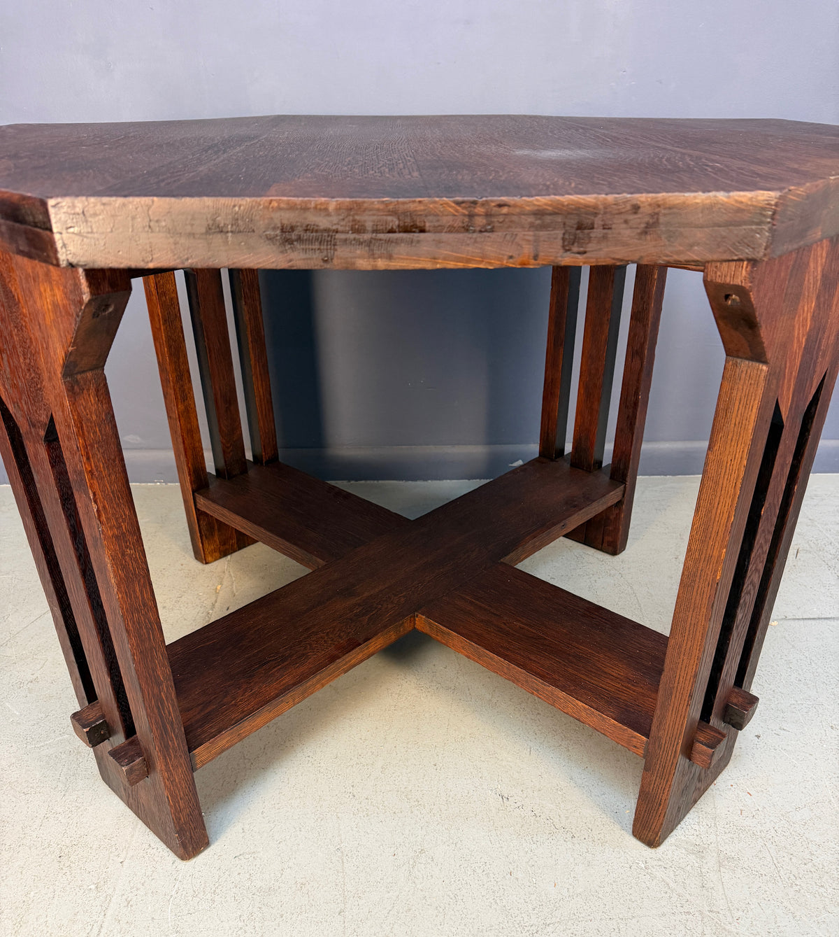 Brooks Mission Oak Octagonal Center Hall Table — Arts & Crafts Slat-Sided