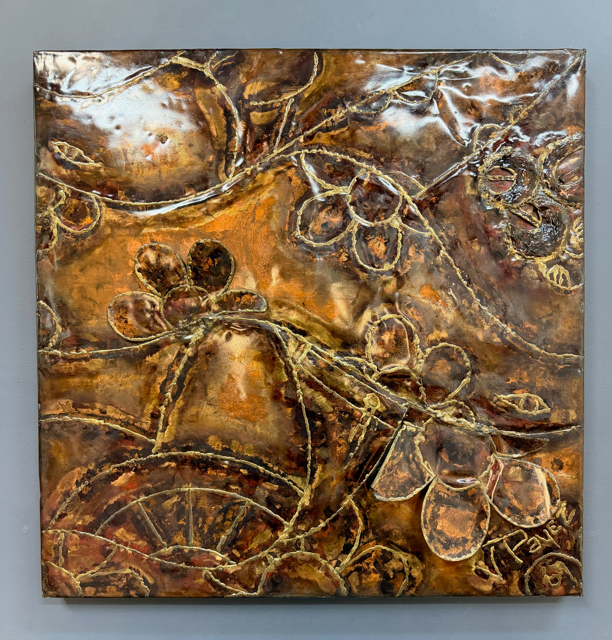 Vincent Payez Signed 1967 Torch Copper Wall Art, Brutalist Floral Repoussé Panel