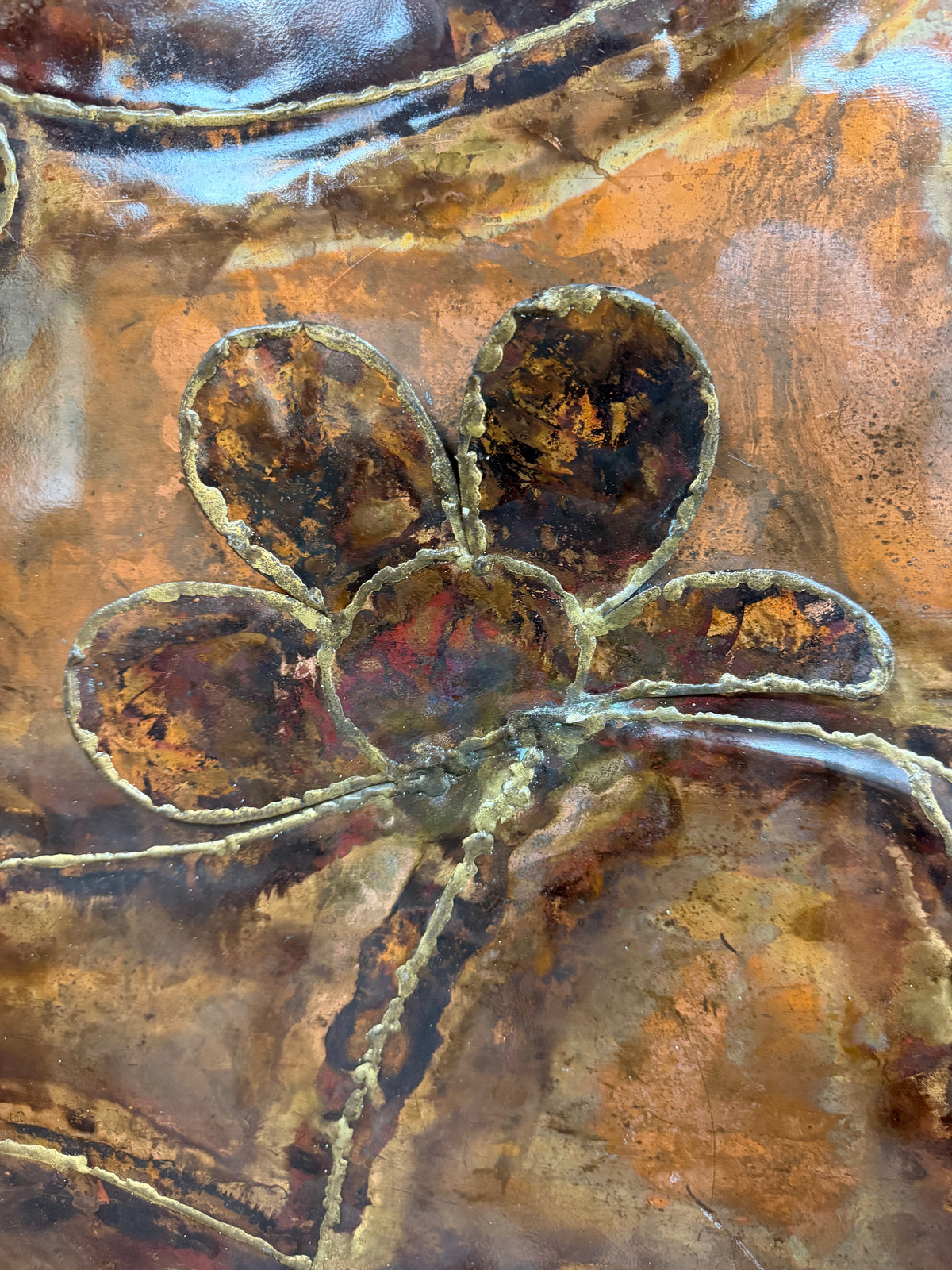 Vincent Payez Signed 1967 Torch Copper Wall Art, Brutalist Floral Repoussé Panel