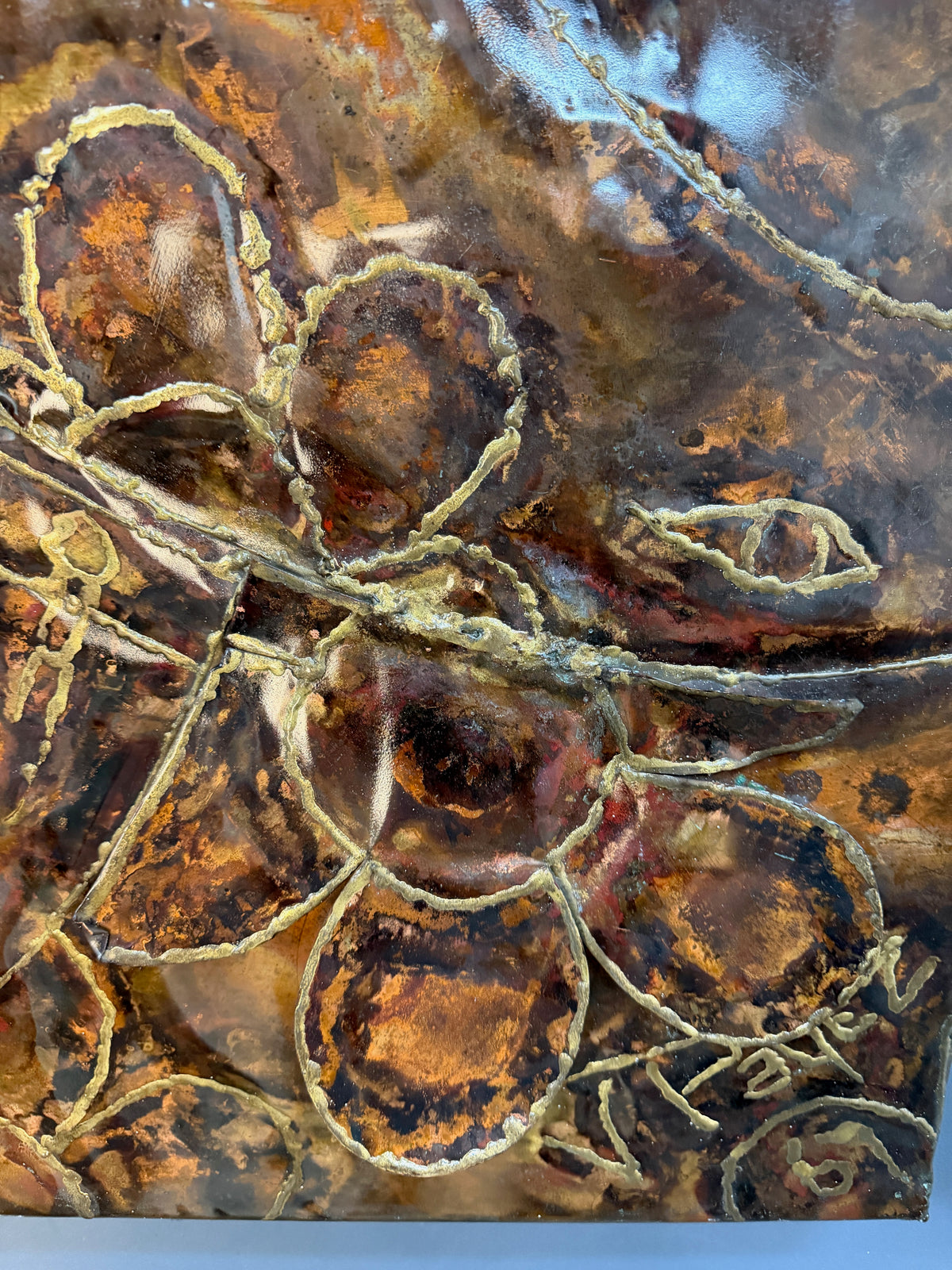 Vincent Payez Signed 1967 Torch Copper Wall Art, Brutalist Floral Repoussé Panel