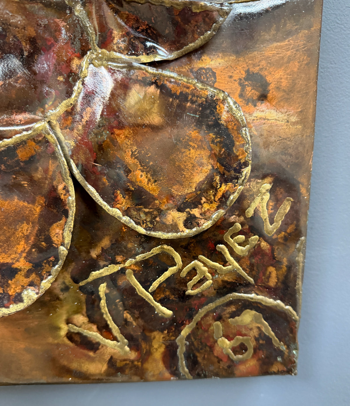 Vincent Payez Signed 1967 Torch Copper Wall Art, Brutalist Floral Repoussé Panel