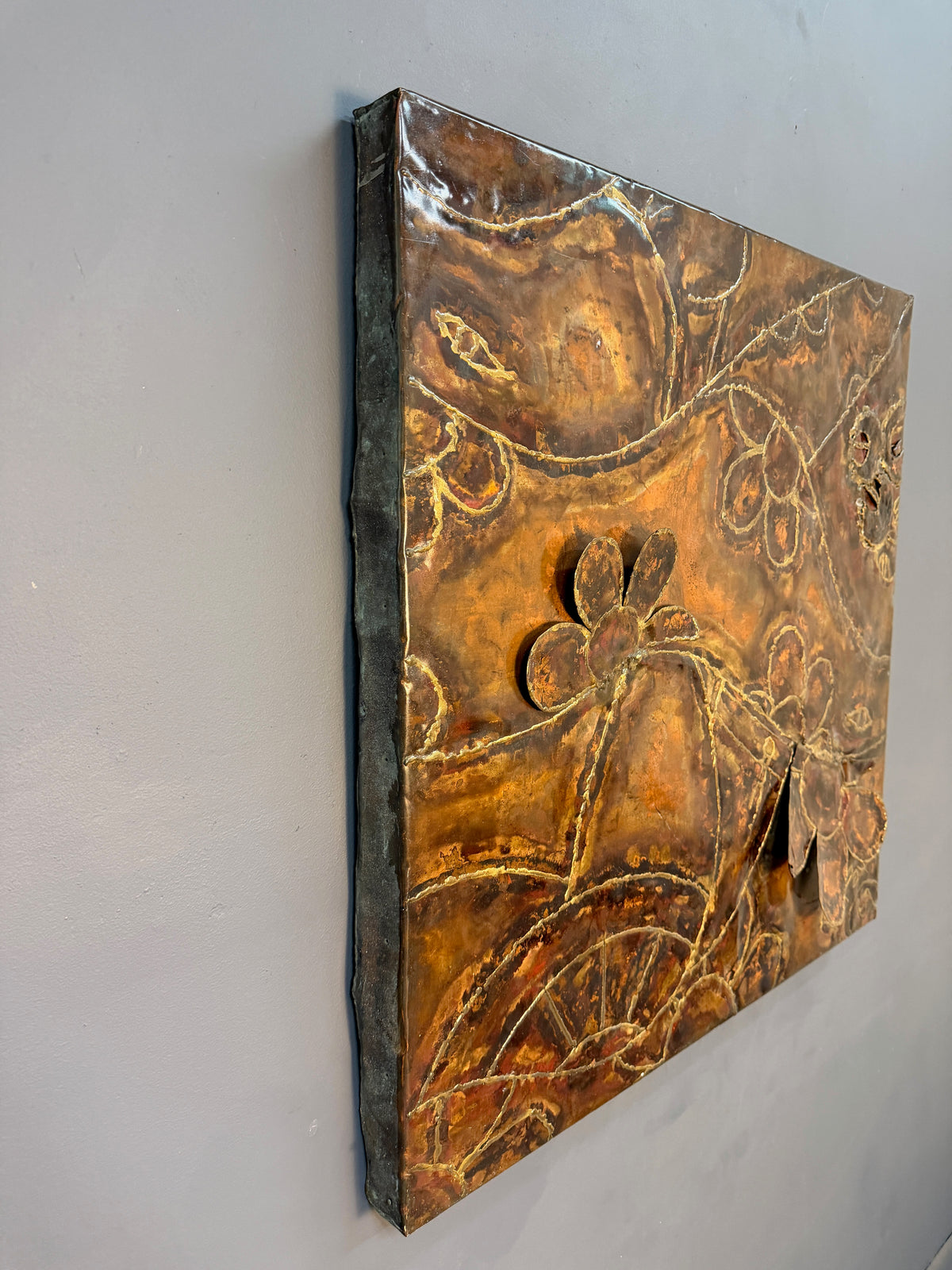 Vincent Payez Signed 1967 Torch Copper Wall Art, Brutalist Floral Repoussé Panel