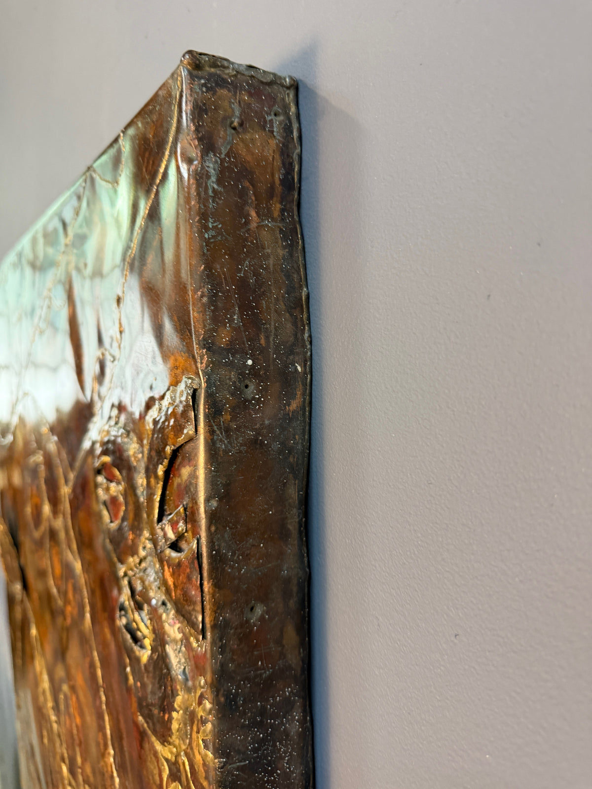 Vincent Payez Signed 1967 Torch Copper Wall Art, Brutalist Floral Repoussé Panel