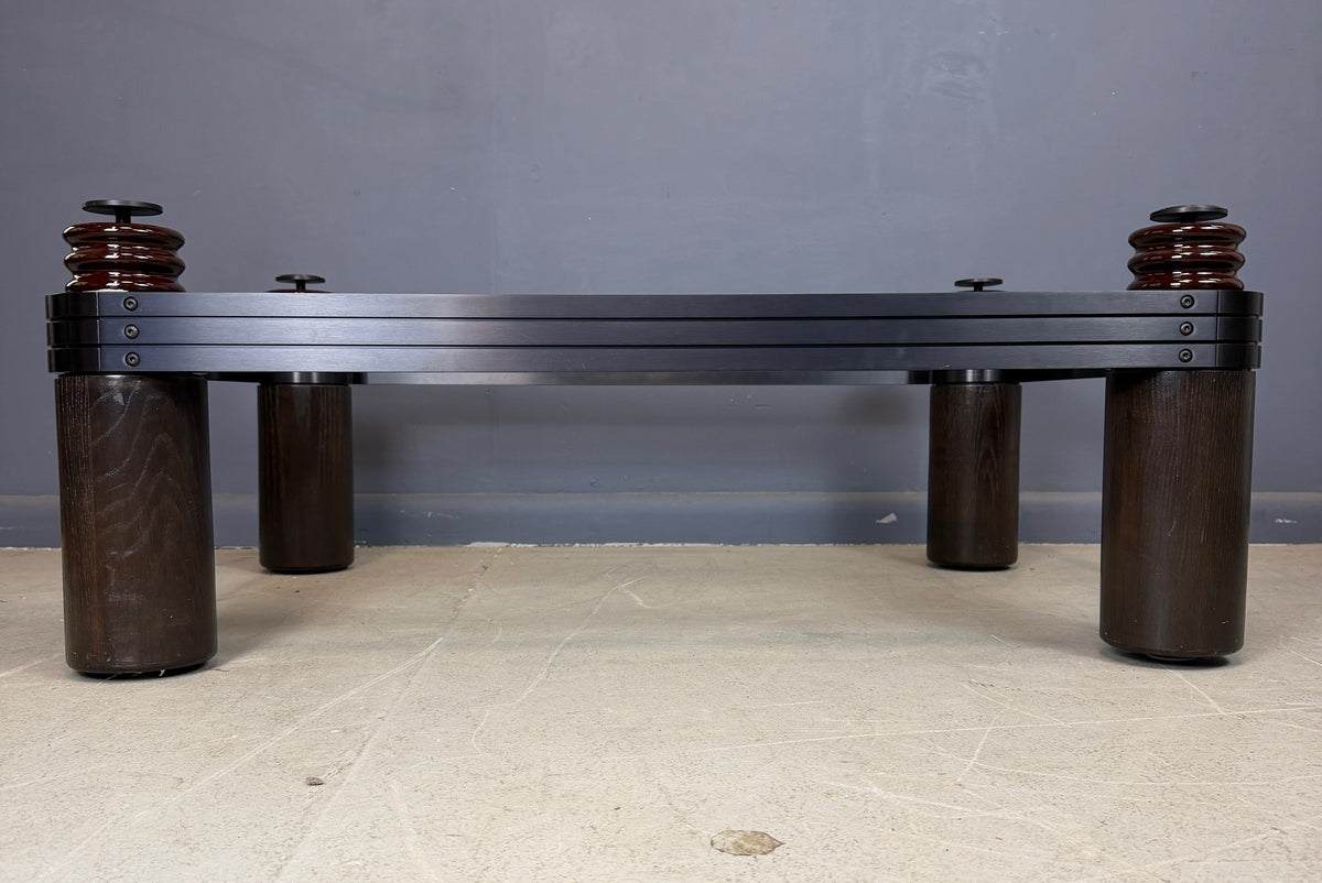 Kaiser/Newman Coffee Table w/Porcelain Insulators, Black Aluminum and Wood Base