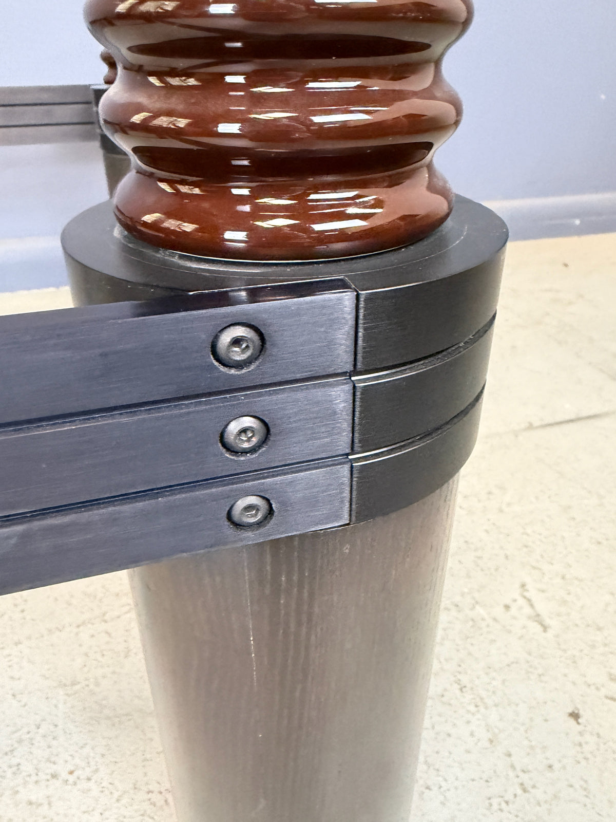 Kaiser/Newman Coffee Table w/Porcelain Insulators, Black Aluminum and Wood Base