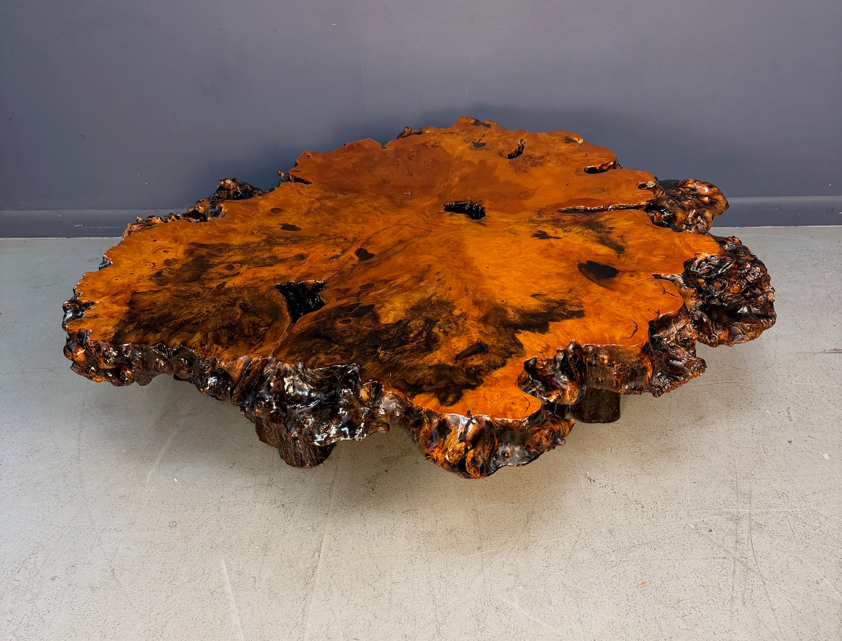 1970s California Redwood Burl Live Edge Coffee Table on Redwood Stump Base