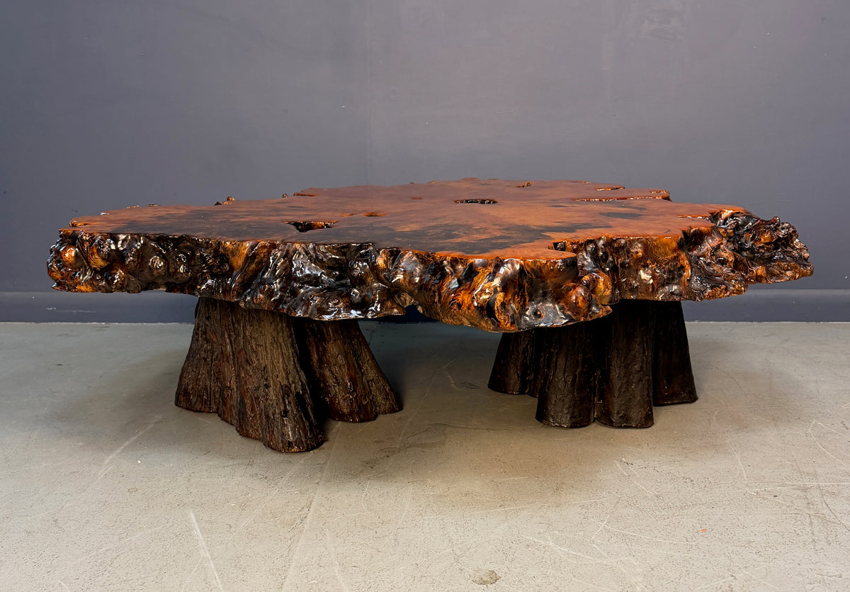 1970s California Redwood Burl Live Edge Coffee Table on Redwood Stump Base