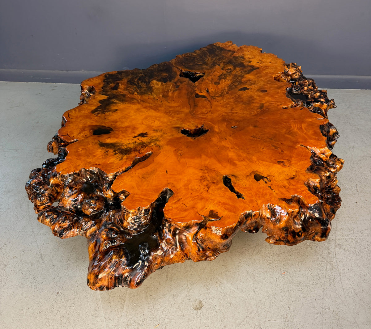 1970s California Redwood Burl Live Edge Coffee Table on Redwood Stump Base