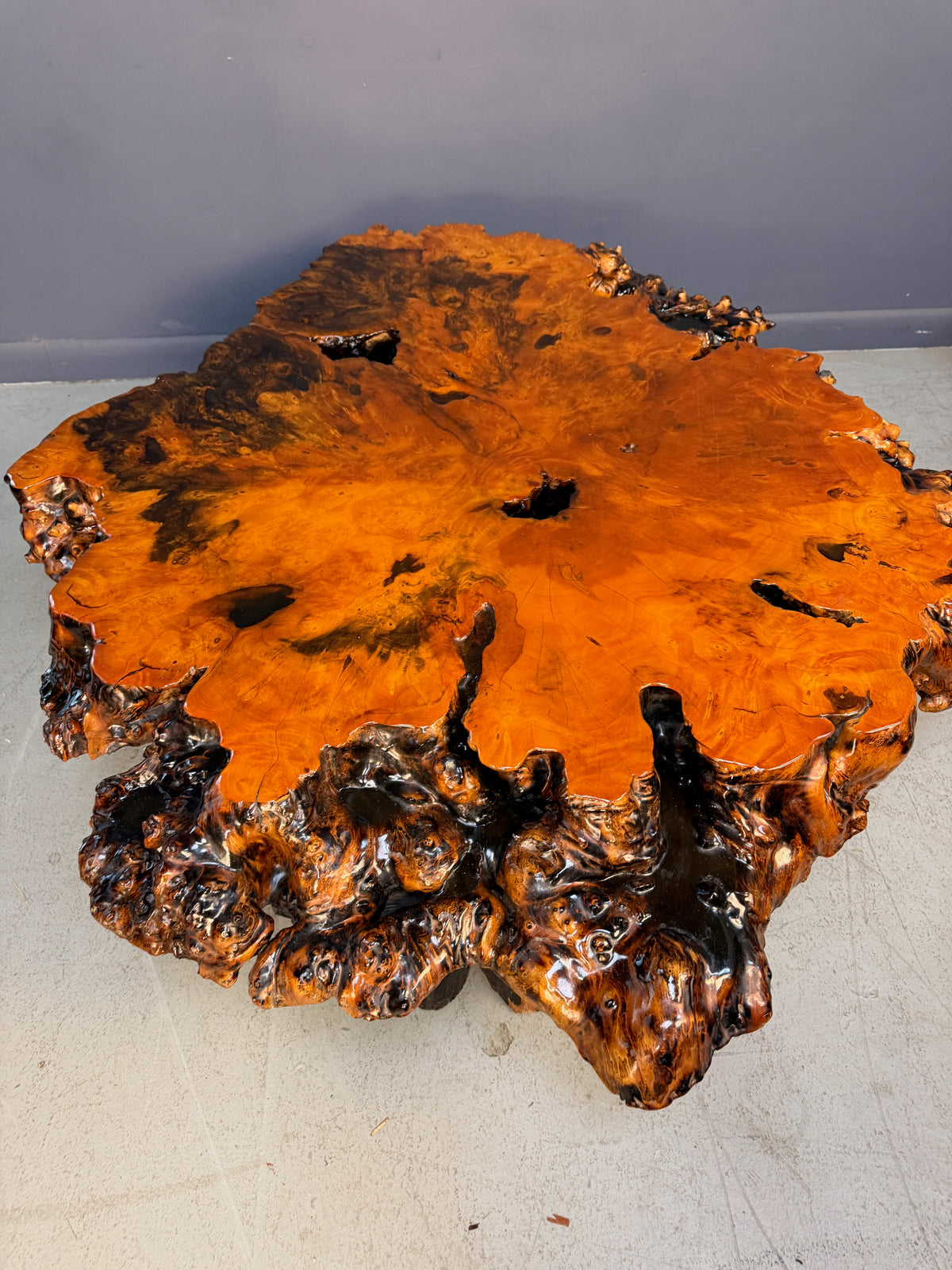 1970s California Redwood Burl Live Edge Coffee Table on Redwood Stump Base