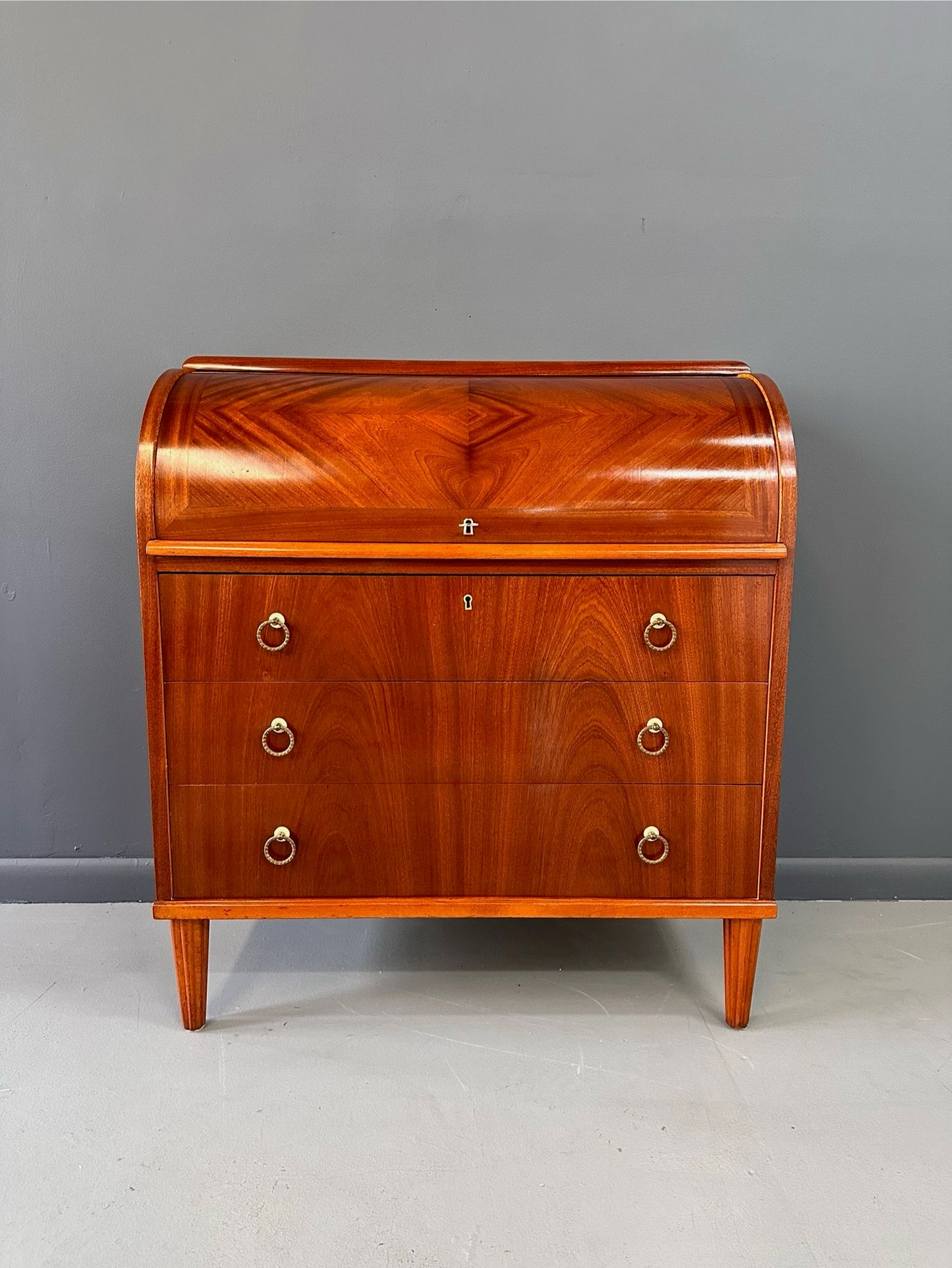SOLD – Early Danish Roll Top Desk with Fluted Legs in Booked Matched Veneer Mid Century