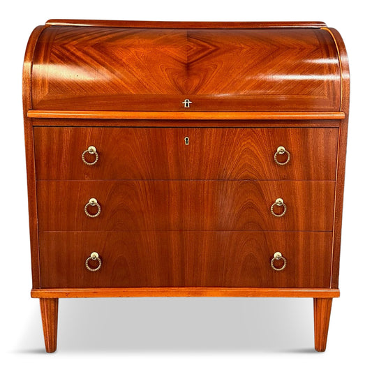 SOLD – Early Danish Roll Top Desk with Fluted Legs in Booked Matched Veneer Mid Century