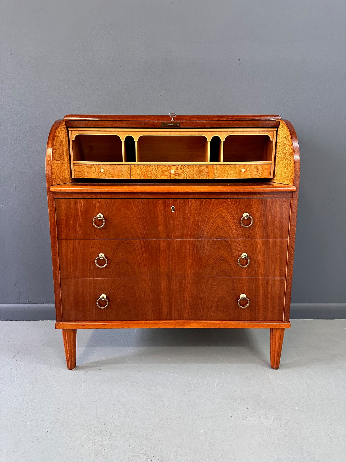 SOLD – Early Danish Roll Top Desk with Fluted Legs in Booked Matched Veneer Mid Century
