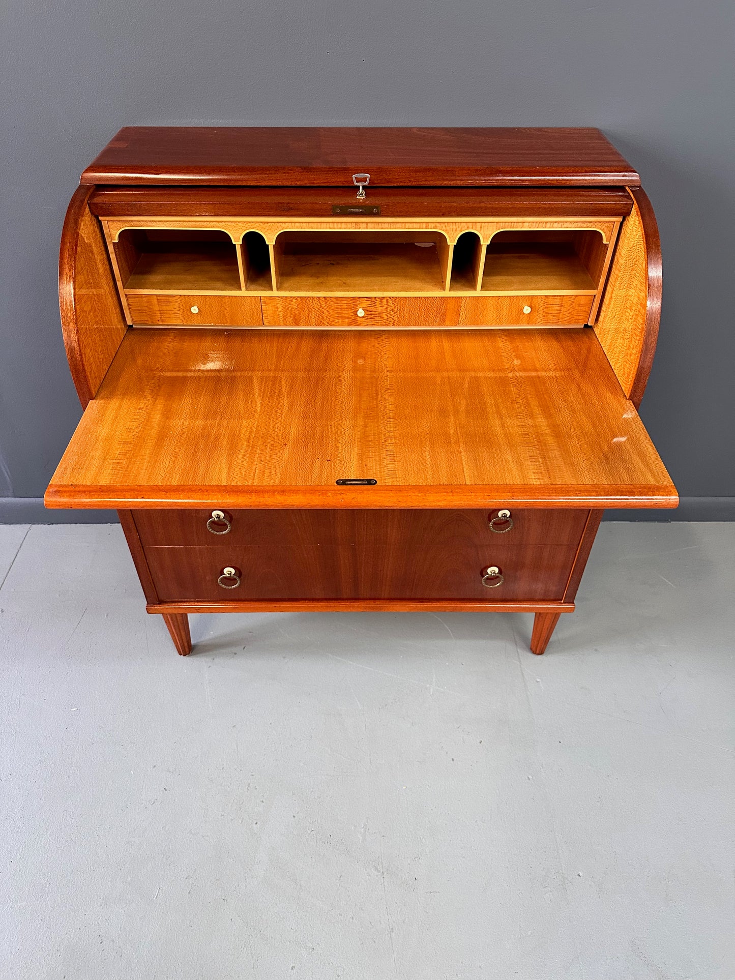 SOLD – Early Danish Roll Top Desk with Fluted Legs in Booked Matched Veneer Mid Century
