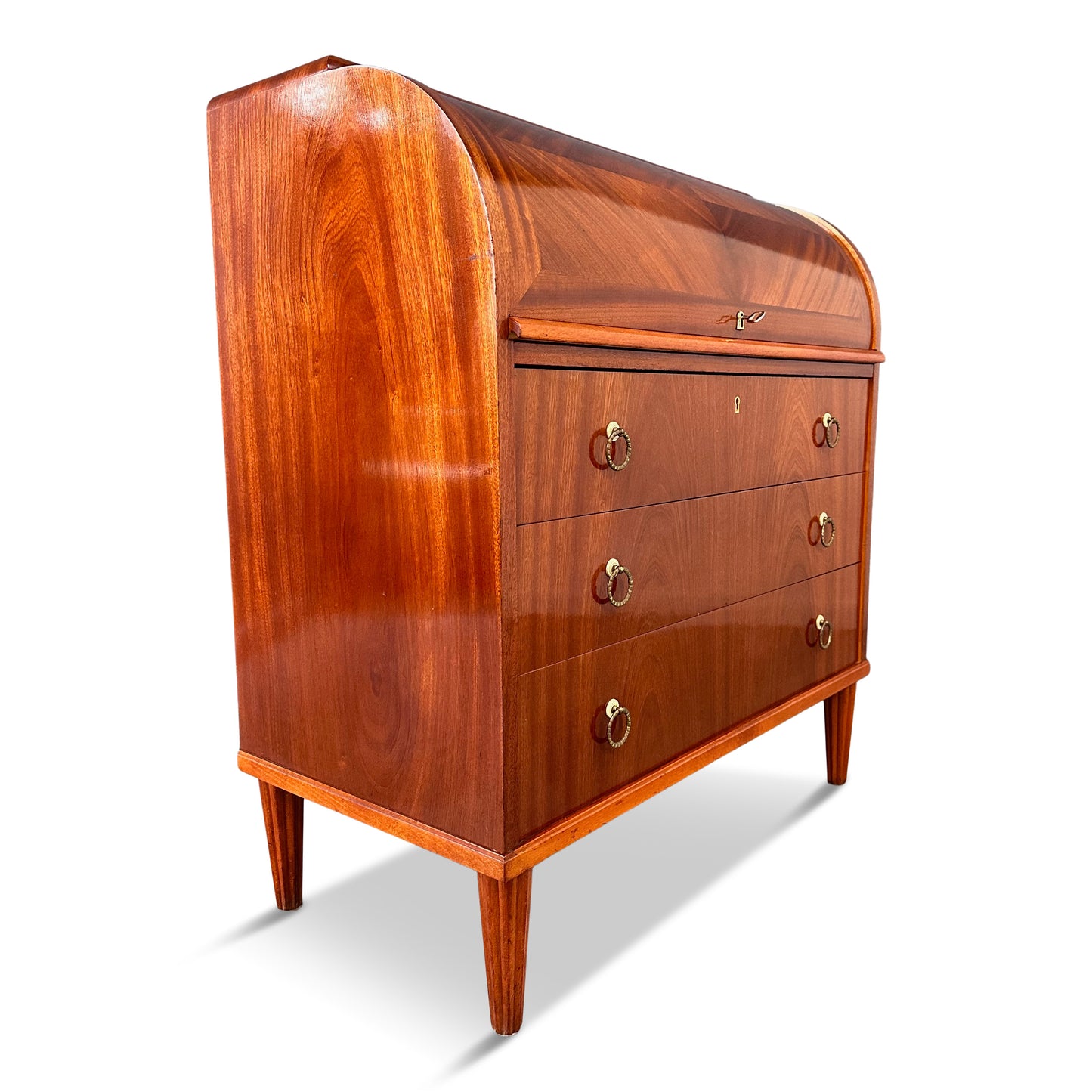 SOLD – Early Danish Roll Top Desk with Fluted Legs in Booked Matched Veneer Mid Century