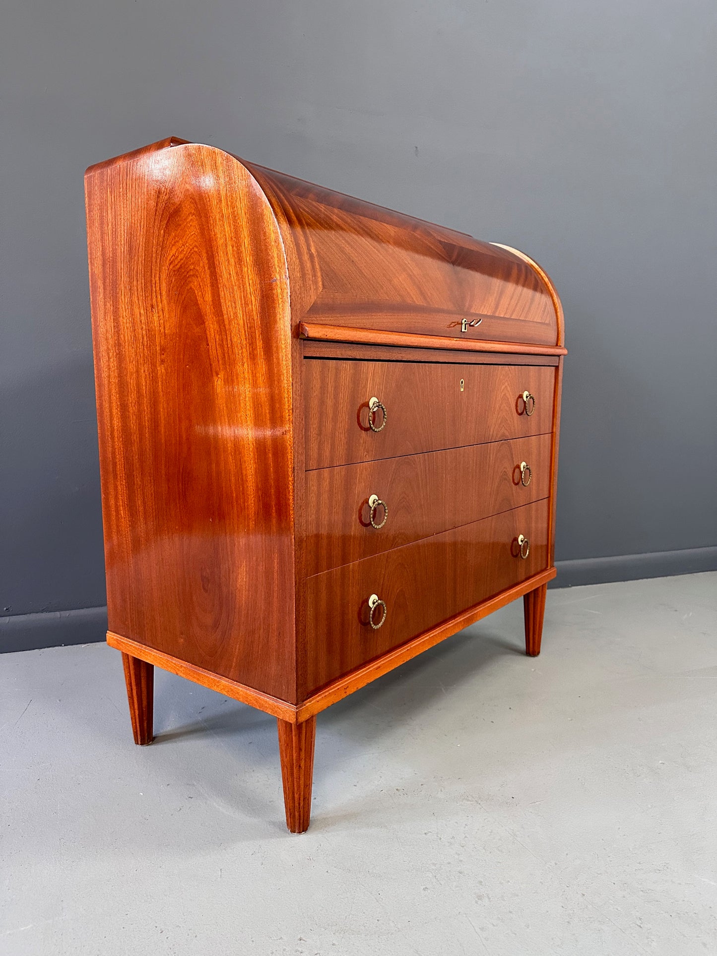SOLD – Early Danish Roll Top Desk with Fluted Legs in Booked Matched Veneer Mid Century