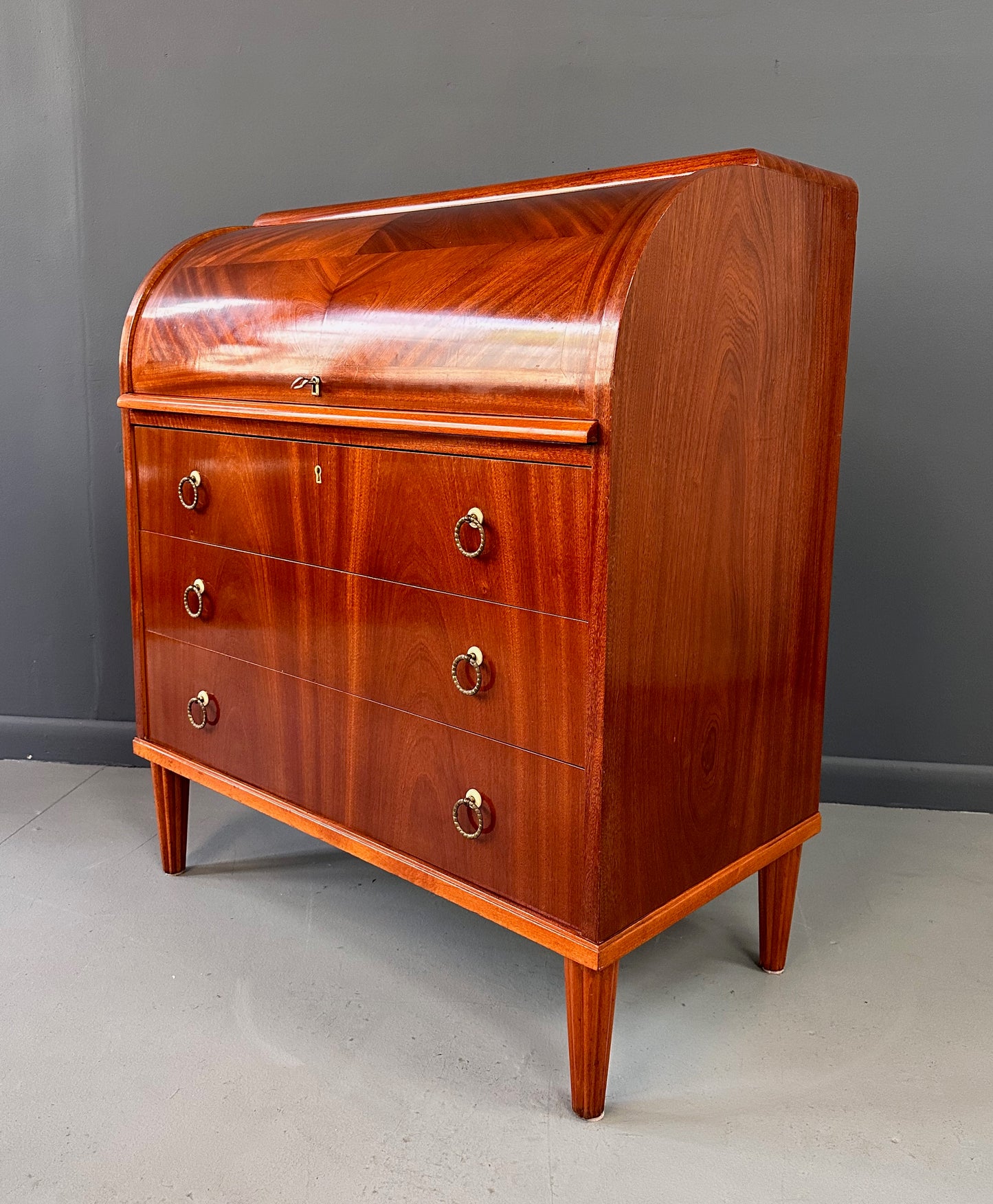 SOLD – Early Danish Roll Top Desk with Fluted Legs in Booked Matched Veneer Mid Century