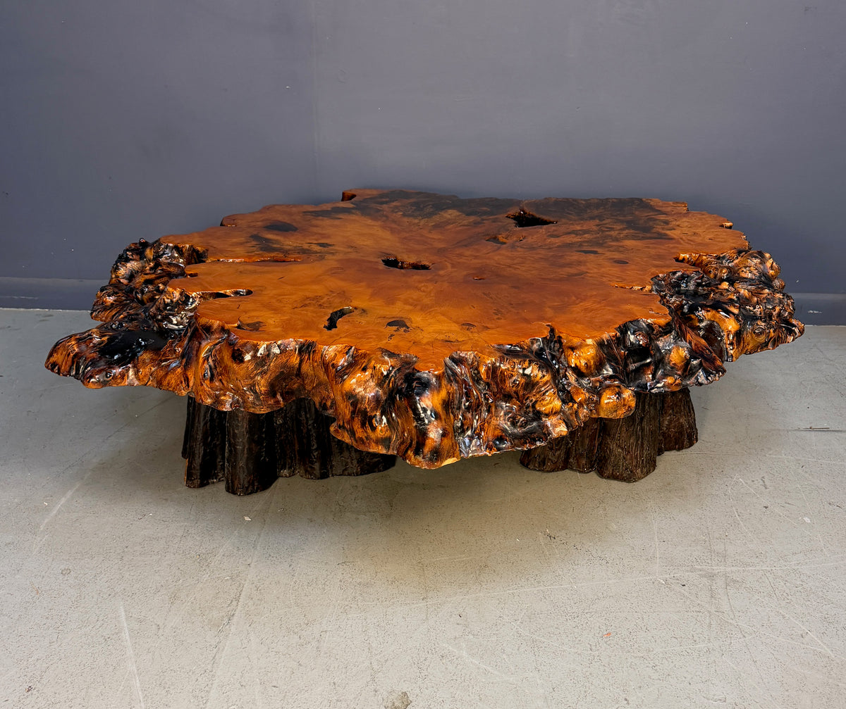 1970s California Redwood Burl Live Edge Coffee Table on Redwood Stump Base