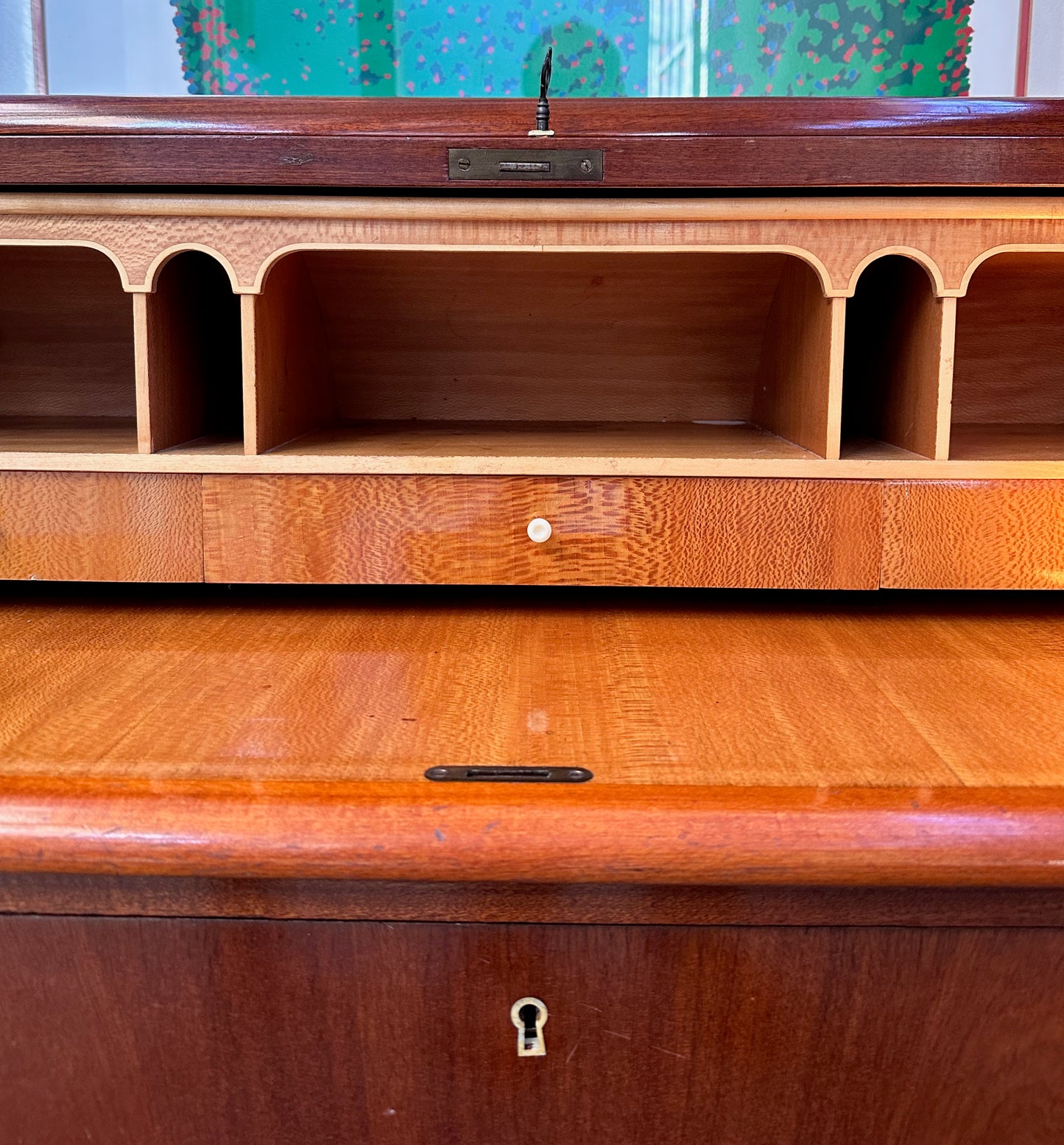 SOLD – Early Danish Roll Top Desk with Fluted Legs in Booked Matched Veneer Mid Century