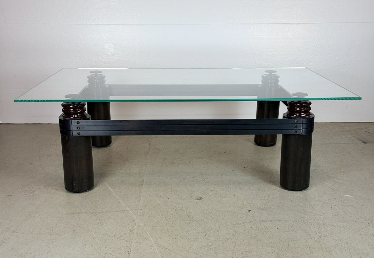 Kaiser/Newman Coffee Table w/Porcelain Insulators, Black Aluminum and Wood Base