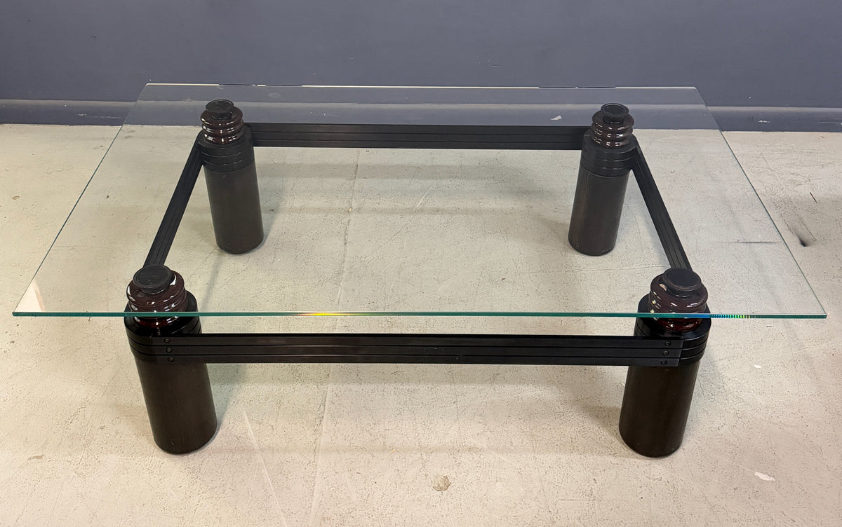 Kaiser/Newman Coffee Table w/Porcelain Insulators, Black Aluminum and Wood Base