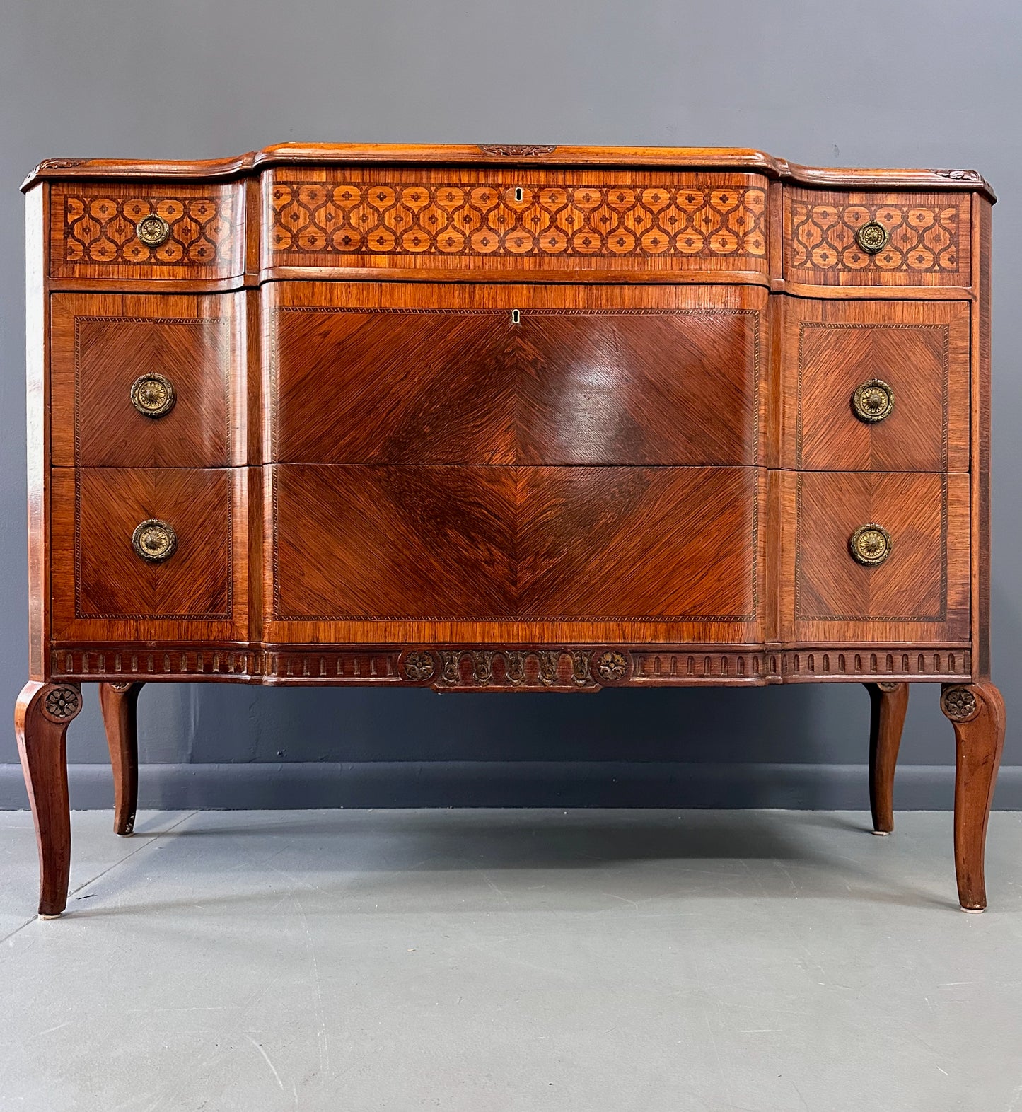 SOLD – Italian Louis XVI Style with Intricate Marquetry Commode Imported by Slack & Rassnick