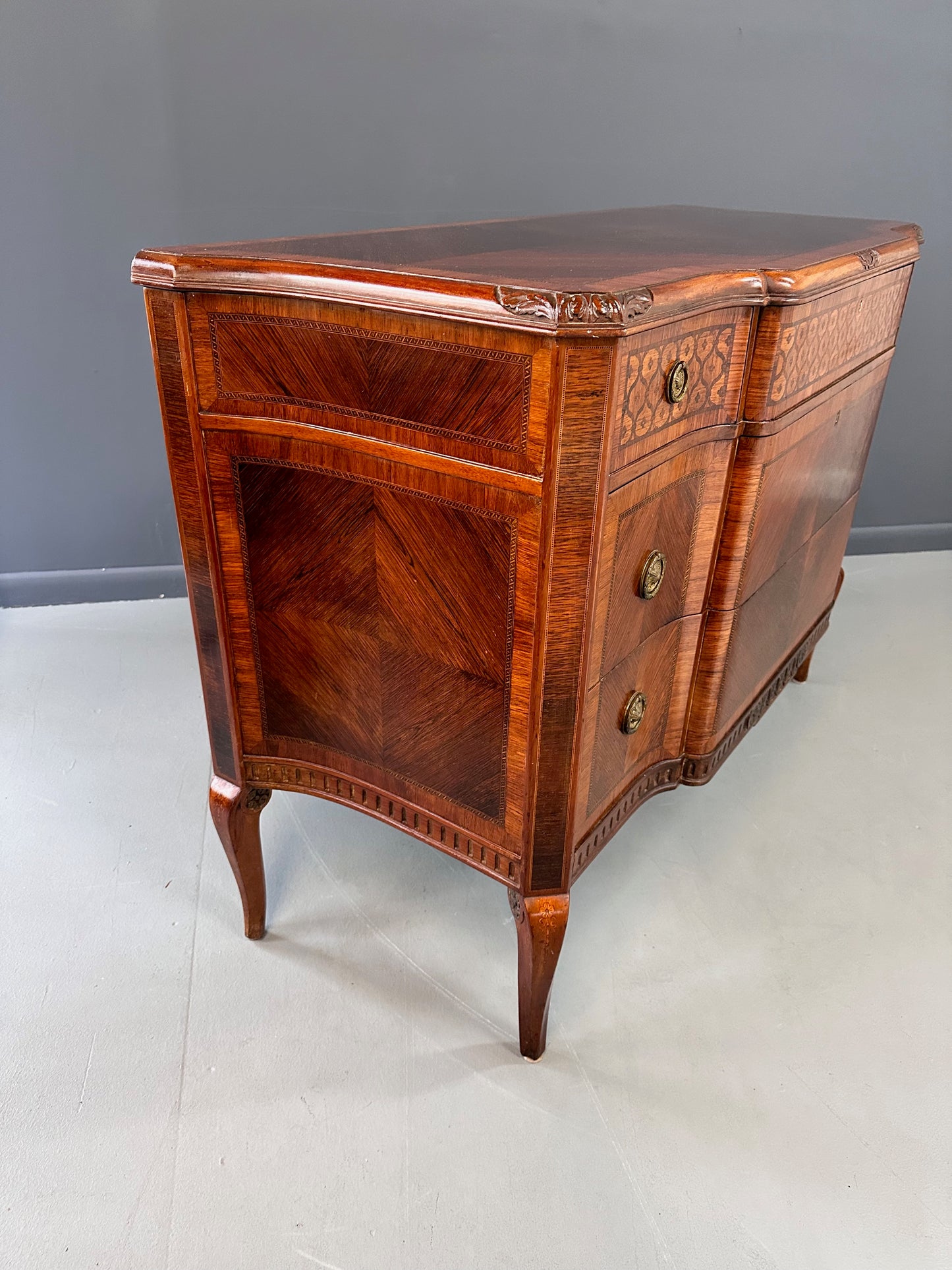SOLD – Italian Louis XVI Style with Intricate Marquetry Commode Imported by Slack & Rassnick