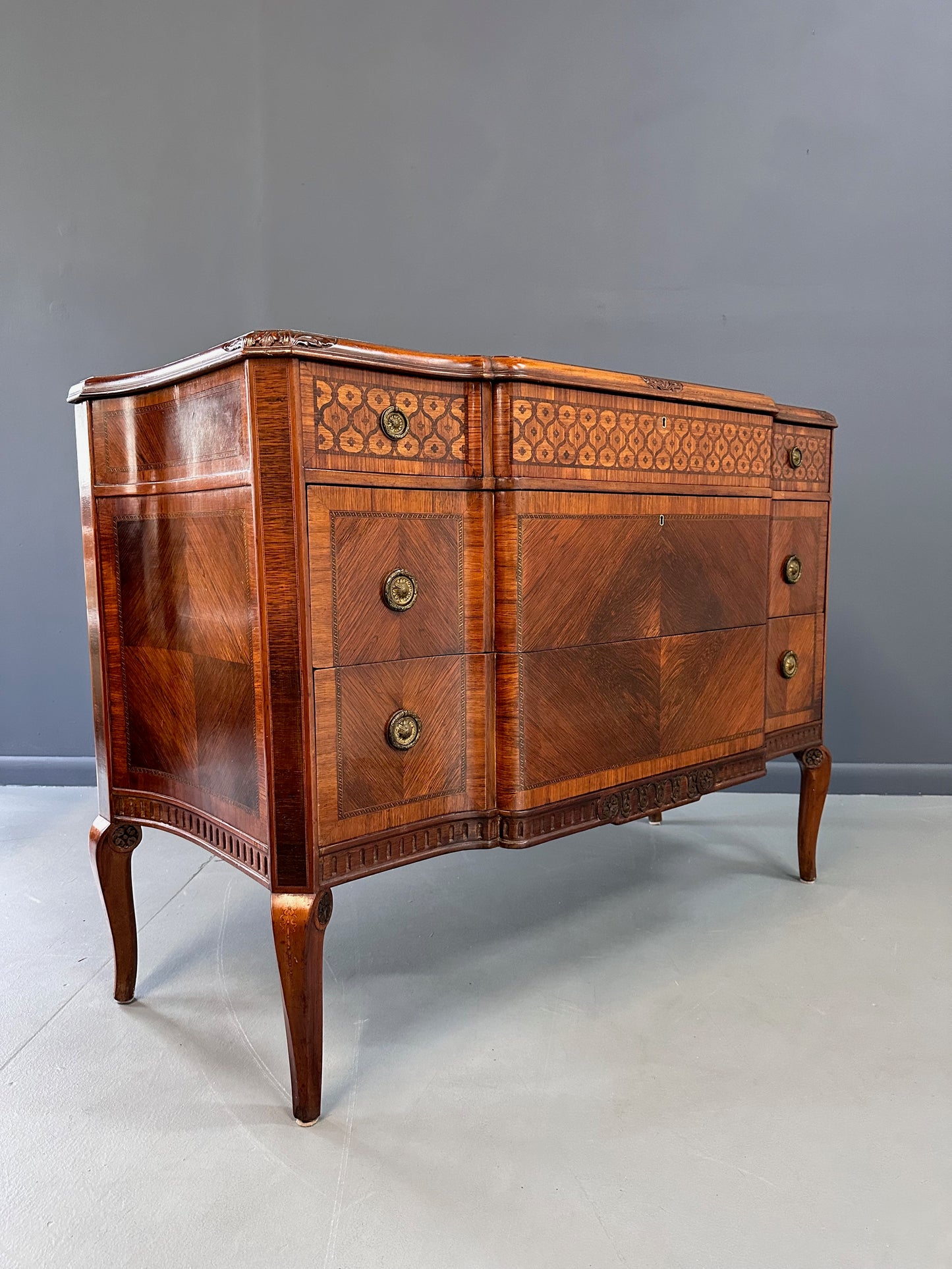 SOLD – Italian Louis XVI Style with Intricate Marquetry Commode Imported by Slack & Rassnick