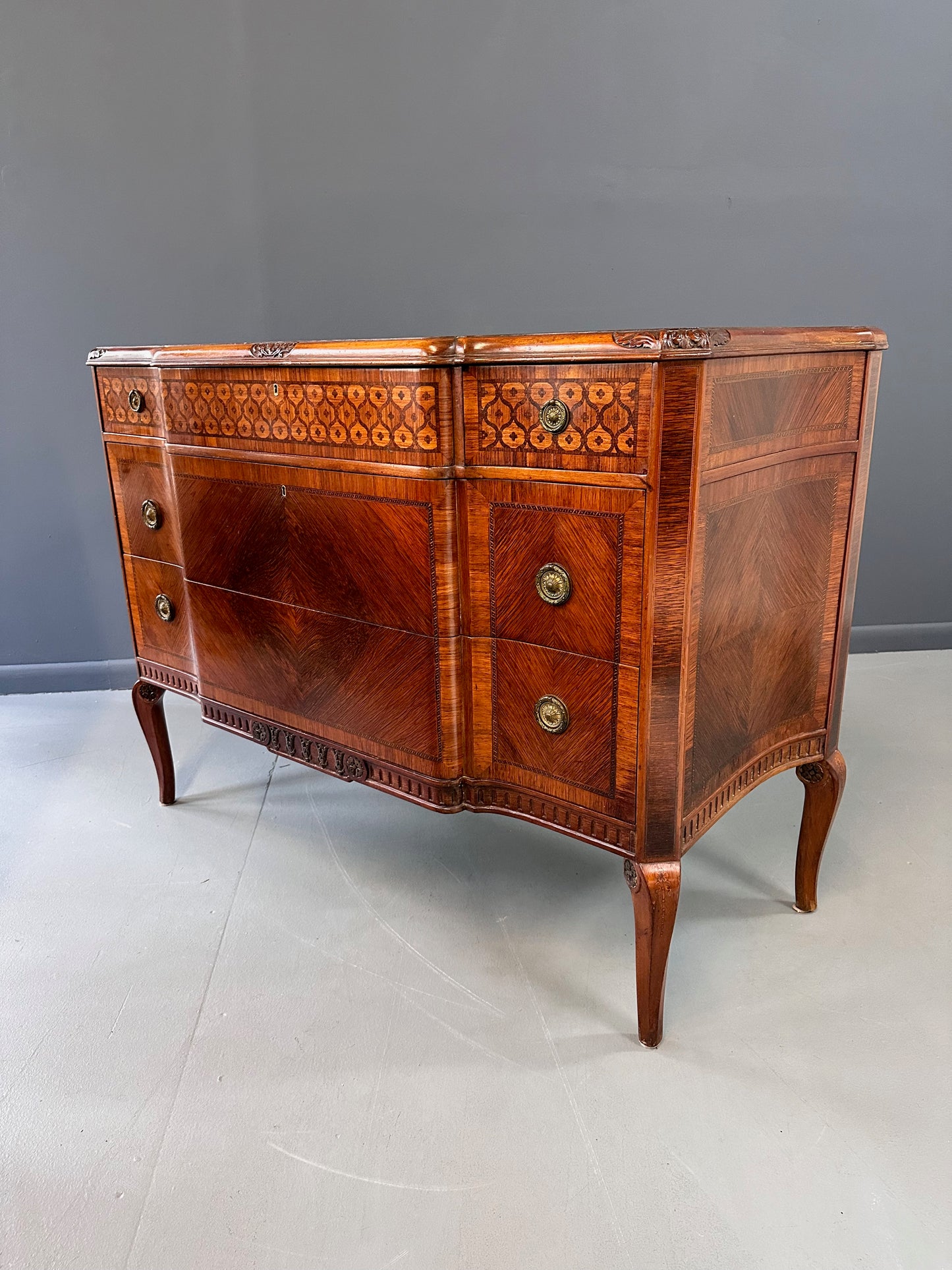 SOLD – Italian Louis XVI Style with Intricate Marquetry Commode Imported by Slack & Rassnick