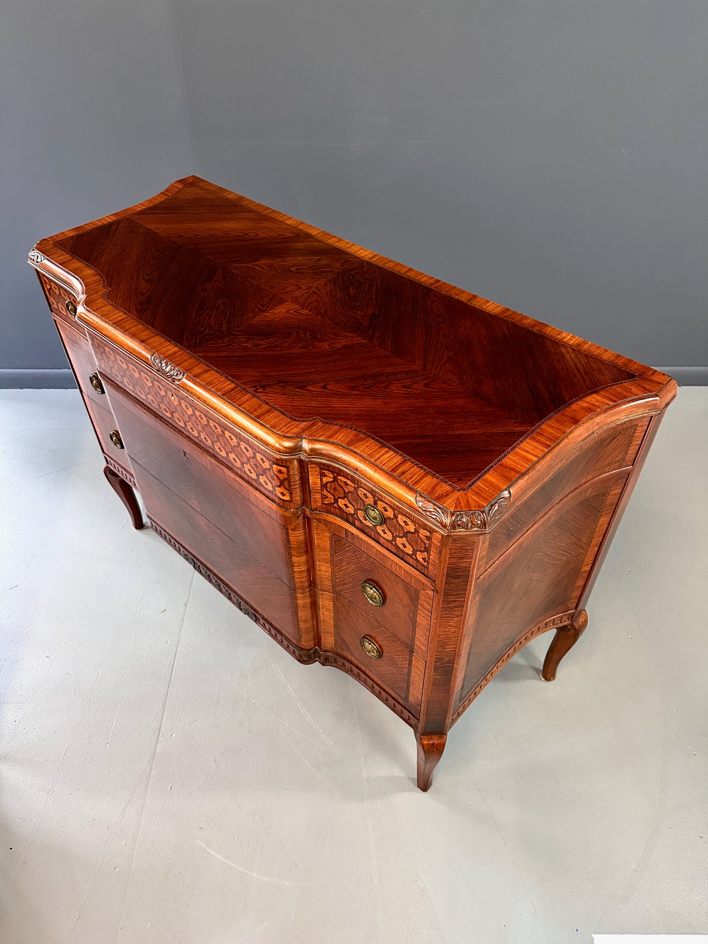 SOLD – Italian Louis XVI Style with Intricate Marquetry Commode Imported by Slack & Rassnick