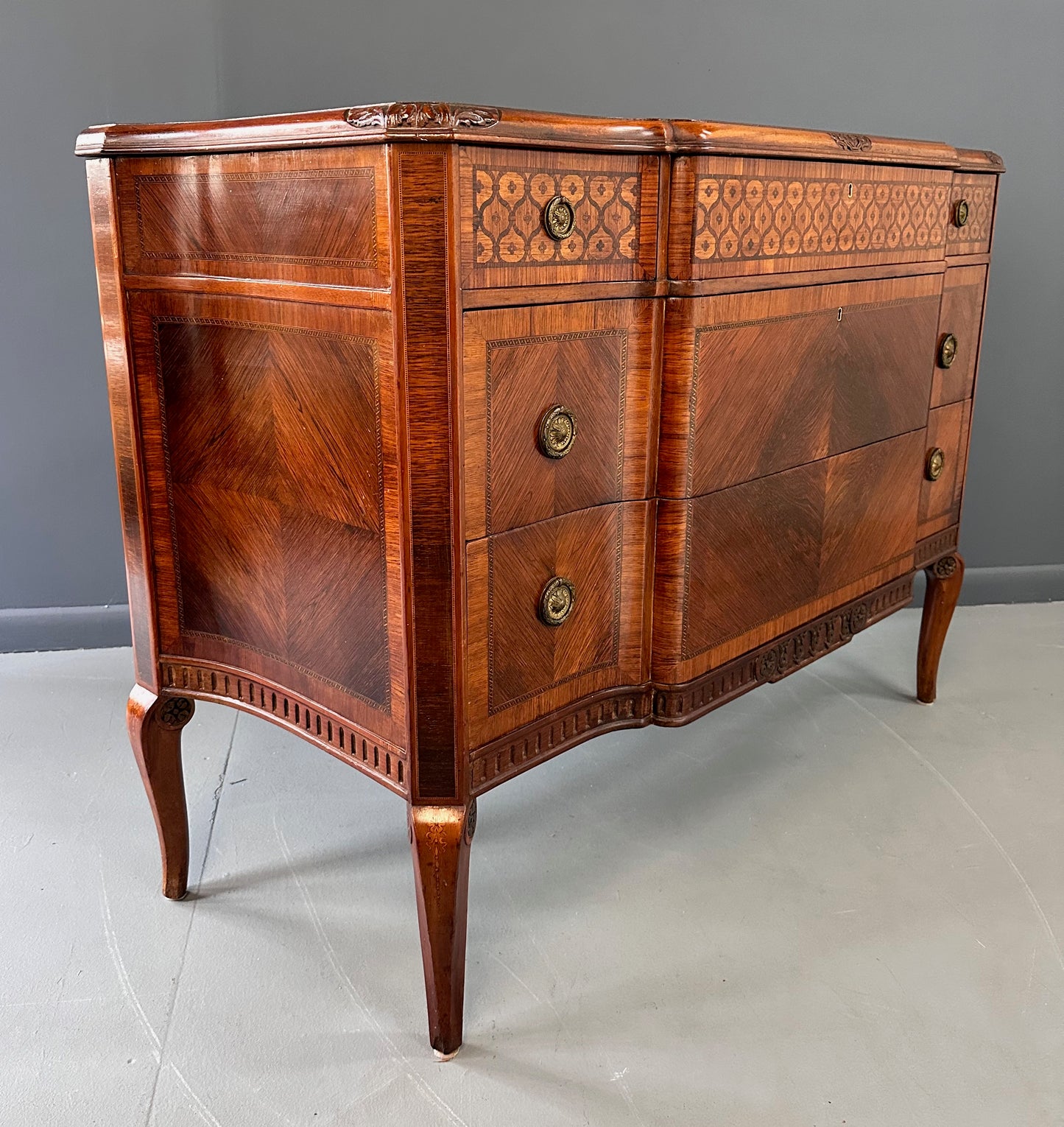 SOLD – Italian Louis XVI Style with Intricate Marquetry Commode Imported by Slack & Rassnick