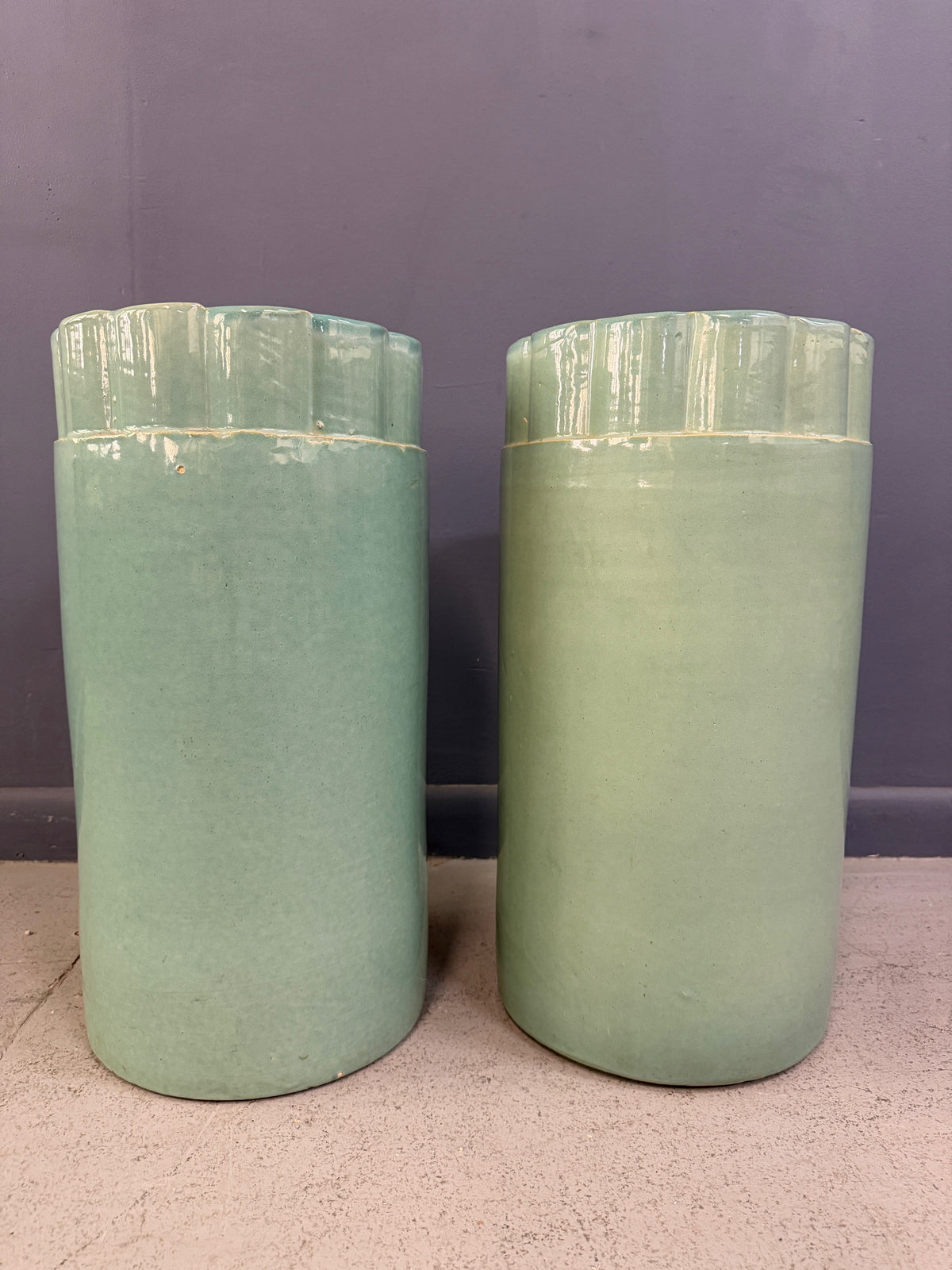 Pair of Galloway Terra Cotta Co. Art Deco Aqua Glazed Floor Vases, Philadelphia