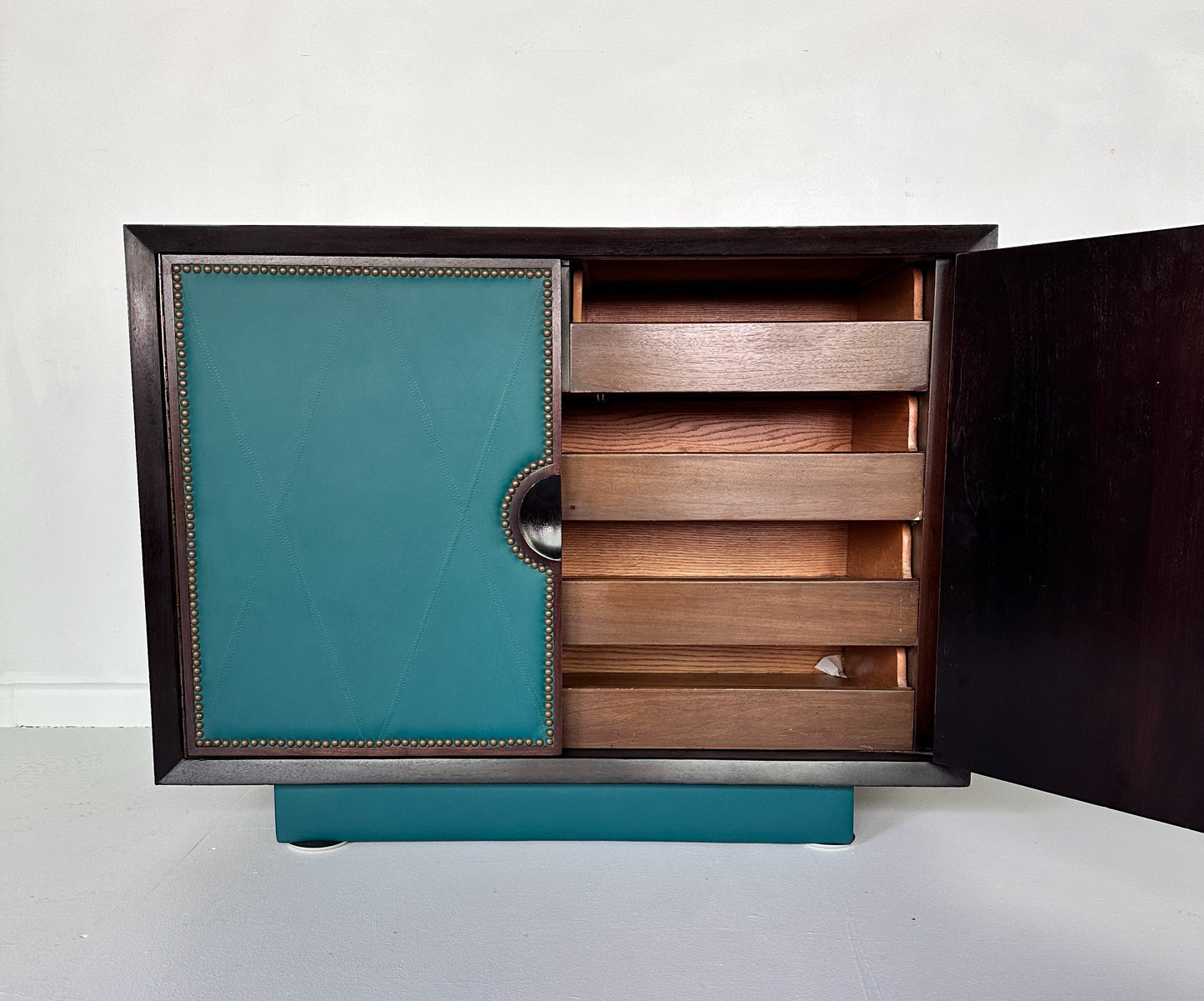 SOLD – Art Deco 1930s Leather Front 5 Drawer Commode the Style of Parzinger Originals