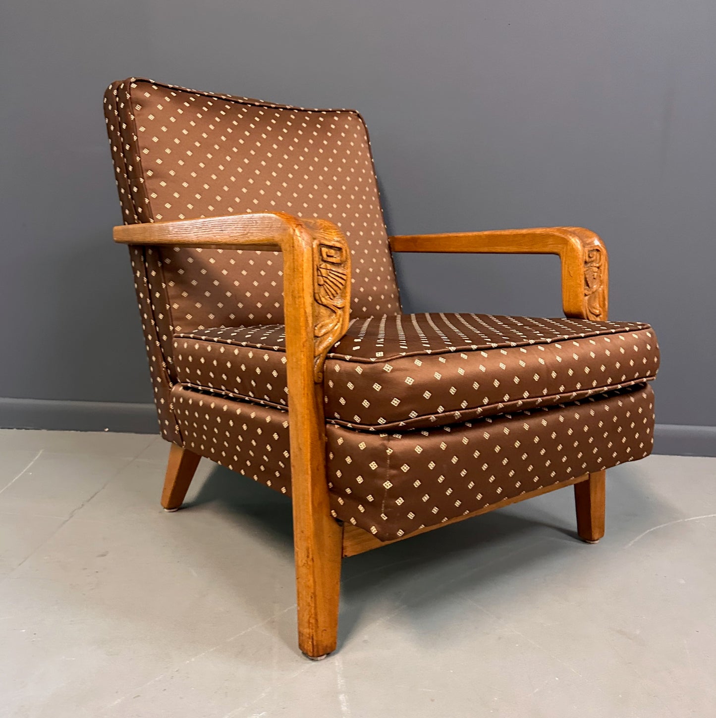 American Studio/Craft Oak Lounge Chair with Thistle Carving Mid Century