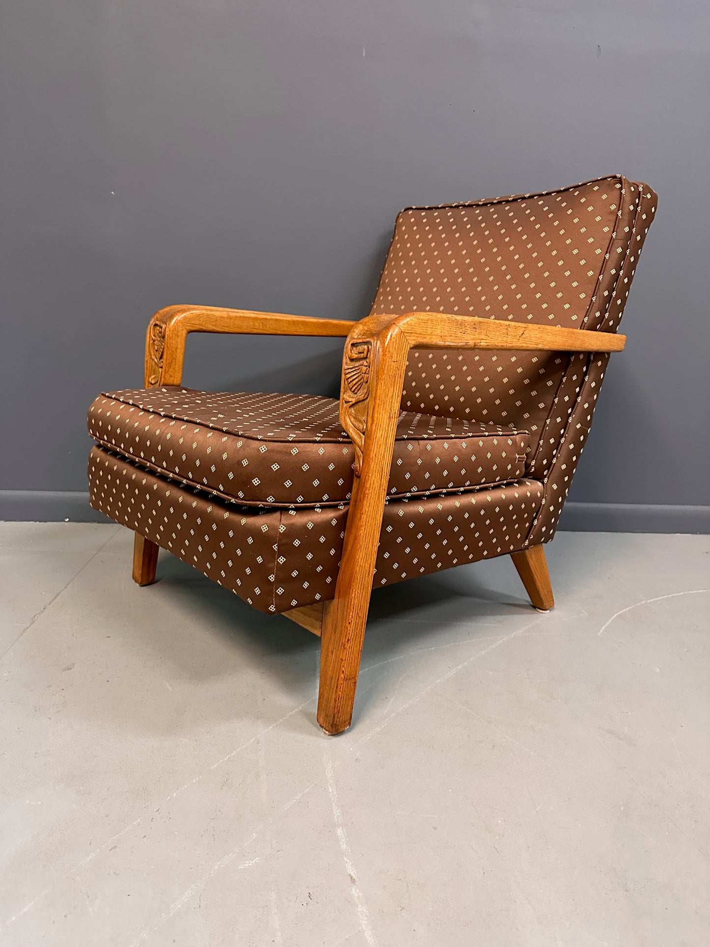American Studio/Craft Oak Lounge Chair with Thistle Carving Mid Century