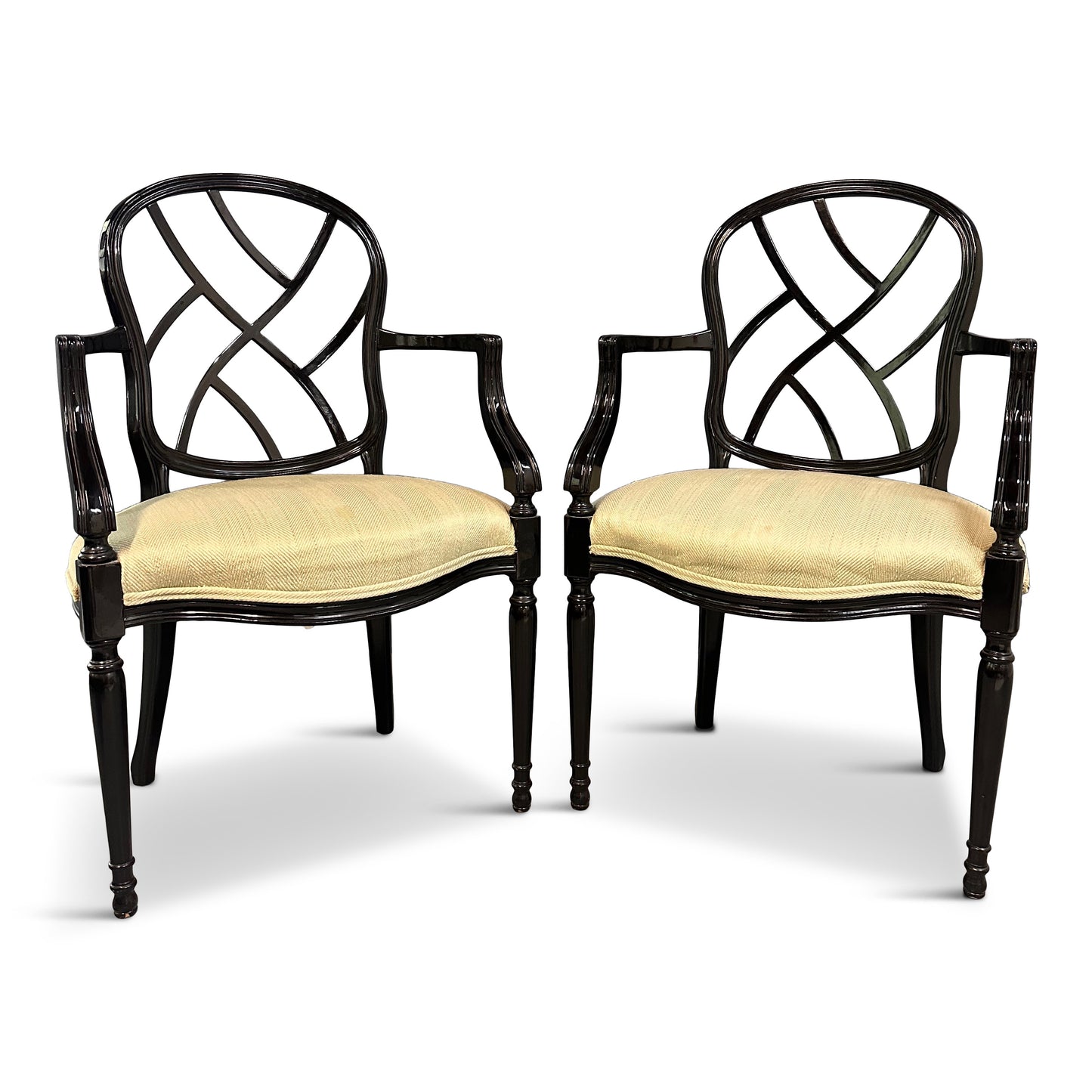 1980s Pair of Century Furniture Chinoiserie Black Lacquer Armchairs