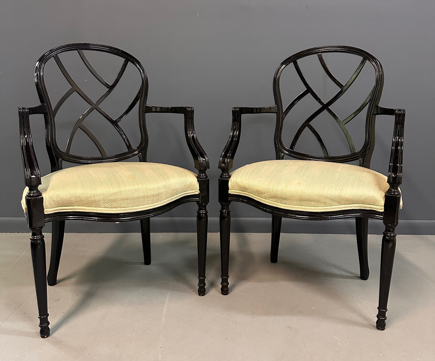 1980s Pair of Century Furniture Chinoiserie Black Lacquer Armchairs