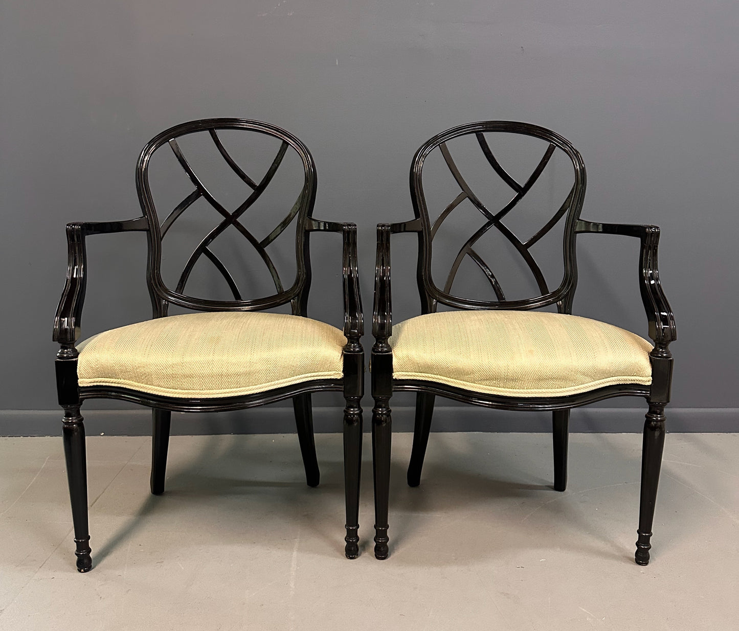 1980s Pair of Century Furniture Chinoiserie Black Lacquer Armchairs