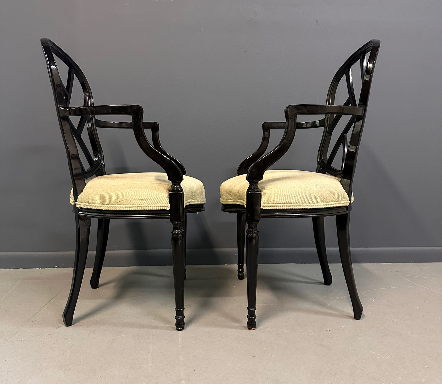 1980s Pair of Century Furniture Chinoiserie Black Lacquer Armchairs