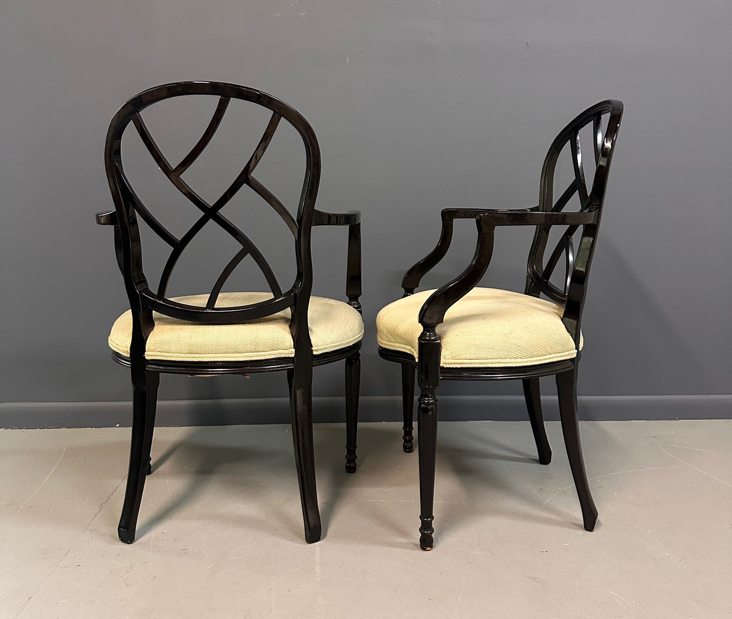 1980s Pair of Century Furniture Chinoiserie Black Lacquer Armchairs
