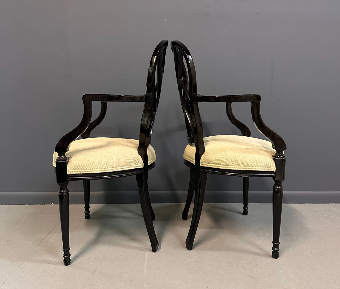 1980s Pair of Century Furniture Chinoiserie Black Lacquer Armchairs