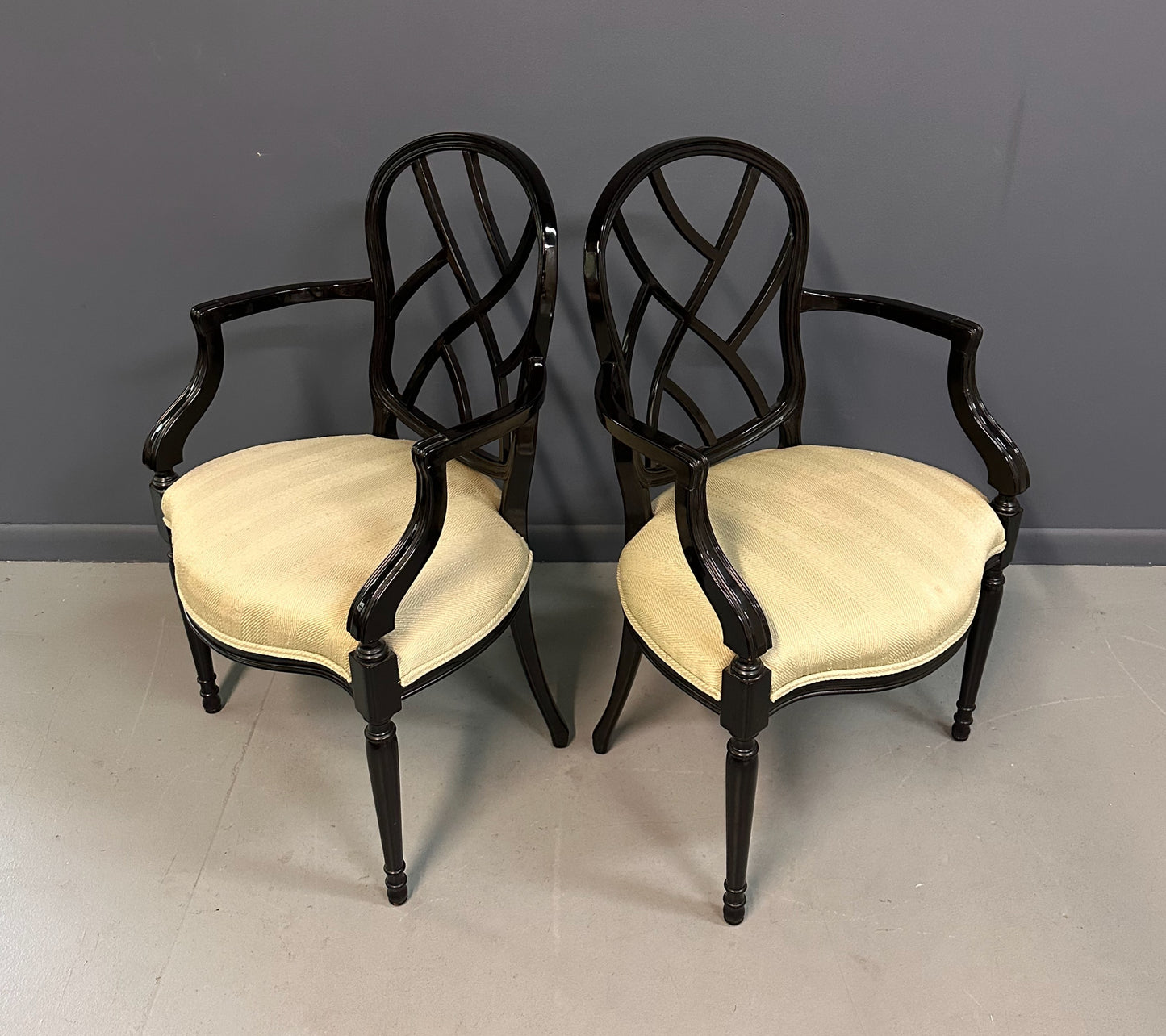 1980s Pair of Century Furniture Chinoiserie Black Lacquer Armchairs
